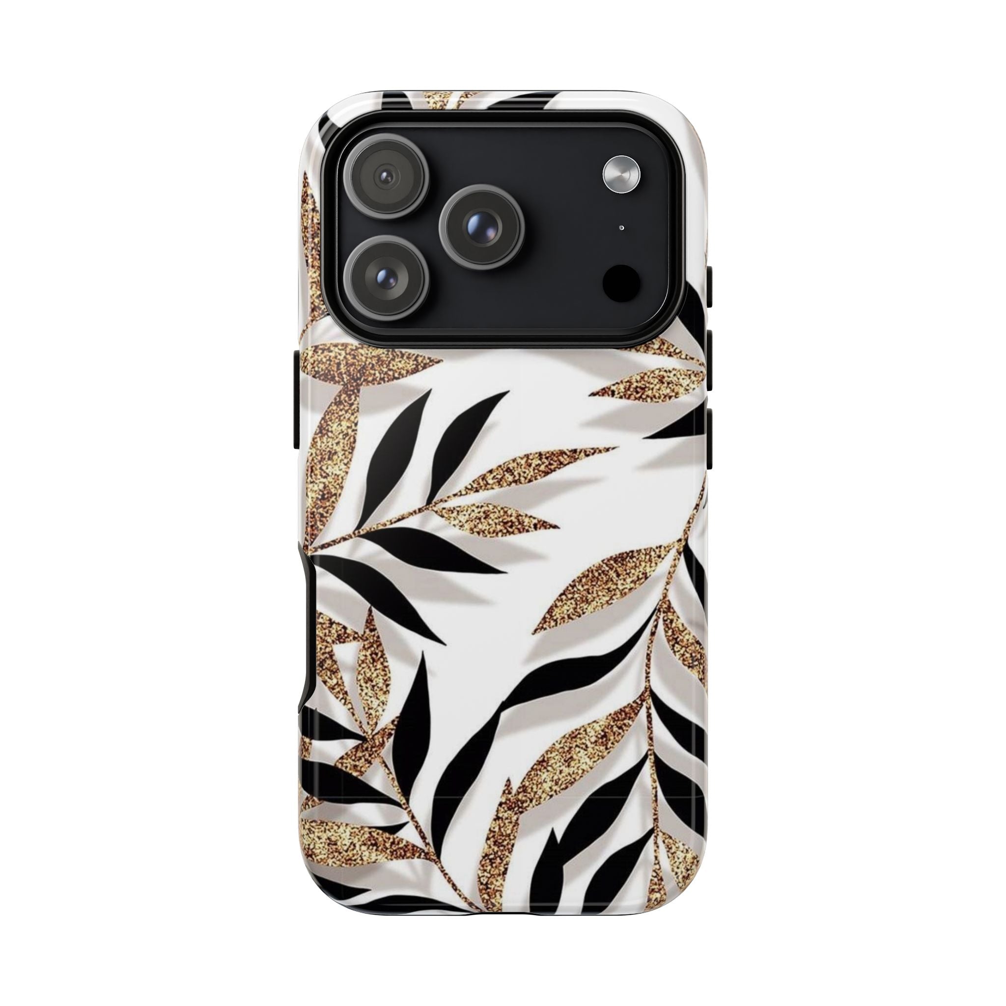 Gold Leaf Floral Phone Case — Glitter Black & White Botanical Tough Case