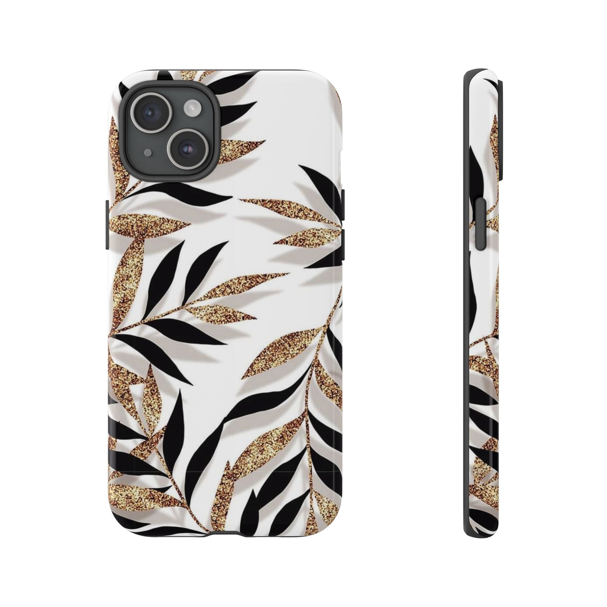 Gold Leaf Floral Phone Case — Glitter Black & White Botanical Tough Case