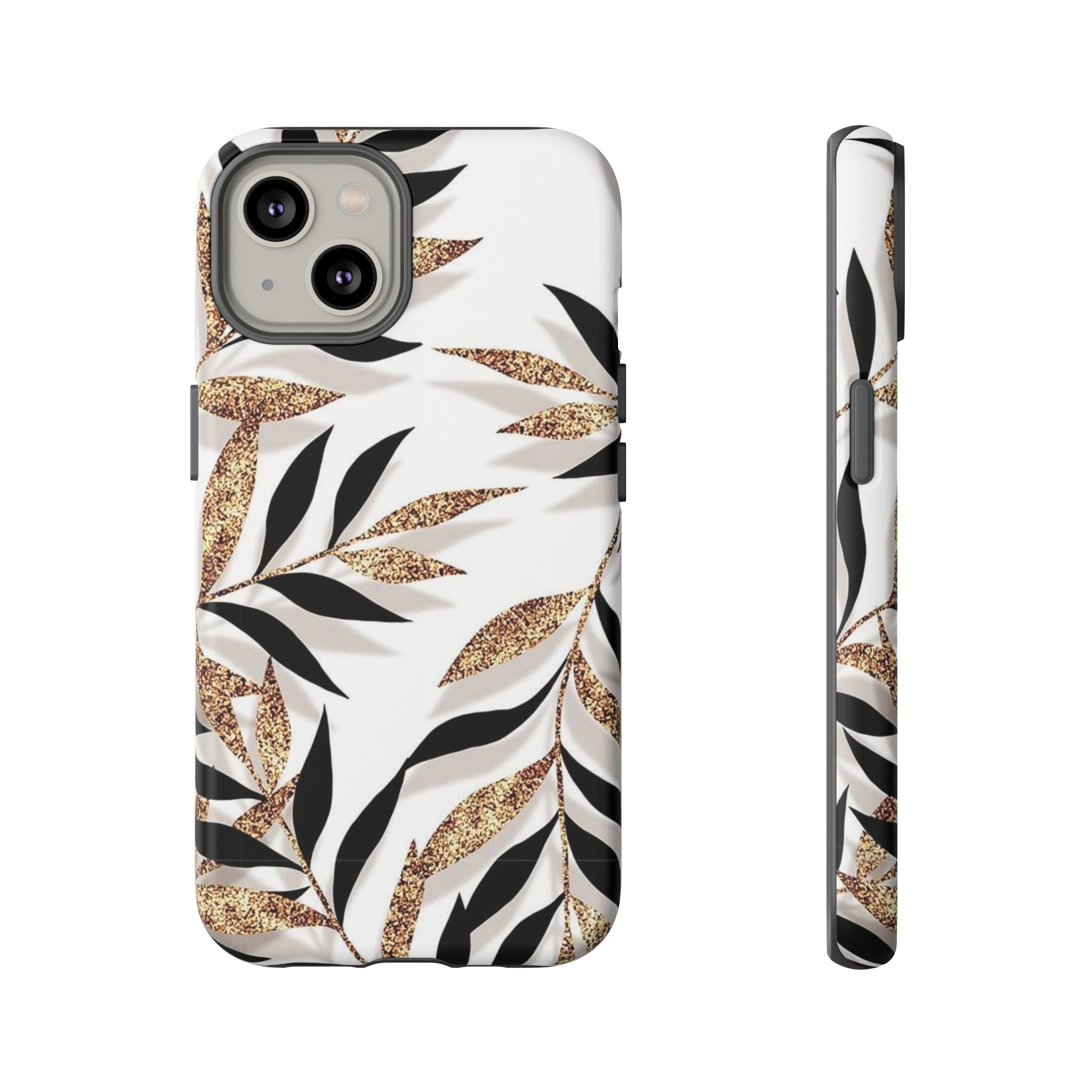 Gold Leaf Floral Phone Case — Glitter Black & White Botanical Tough Case