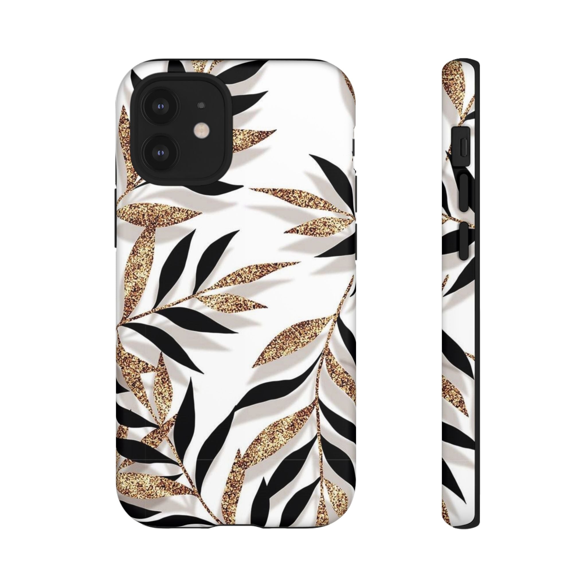Gold Leaf Floral Phone Case — Glitter Black & White Botanical Tough Case