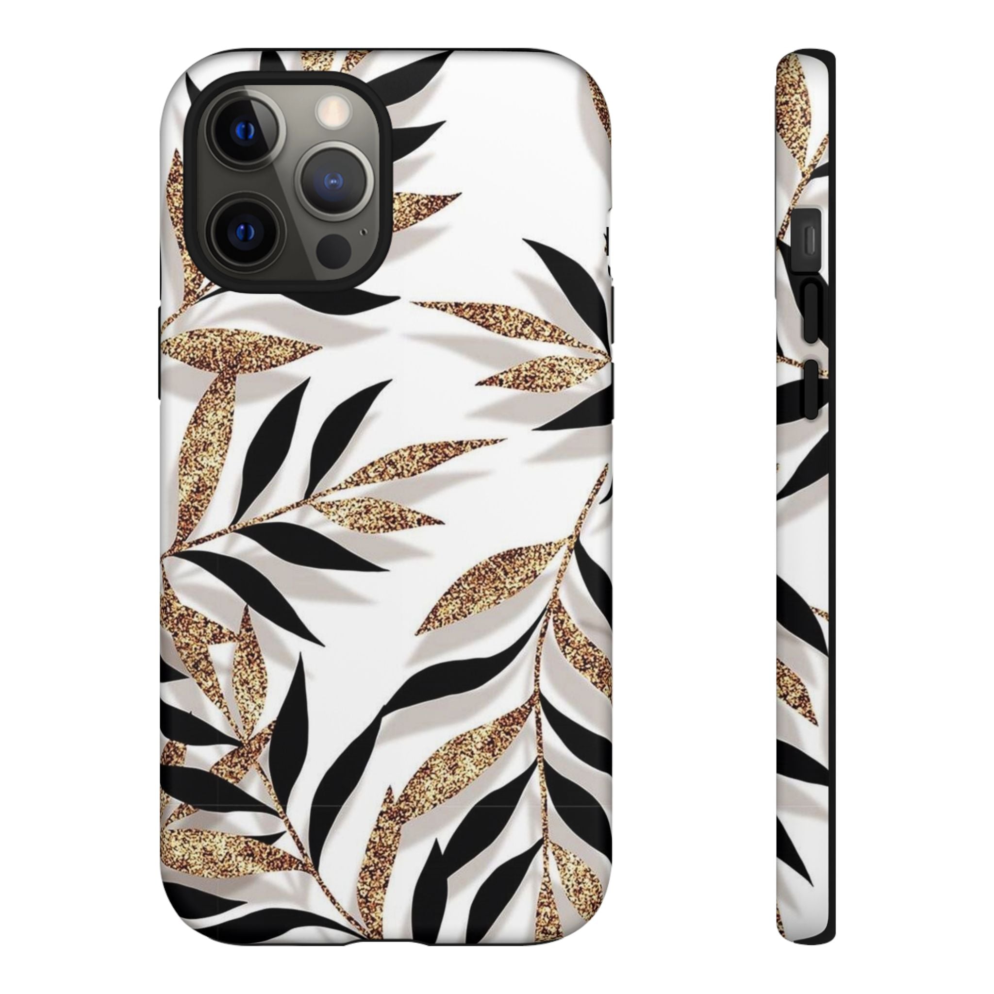 Gold Leaf Floral Phone Case — Glitter Black & White Botanical Tough Case