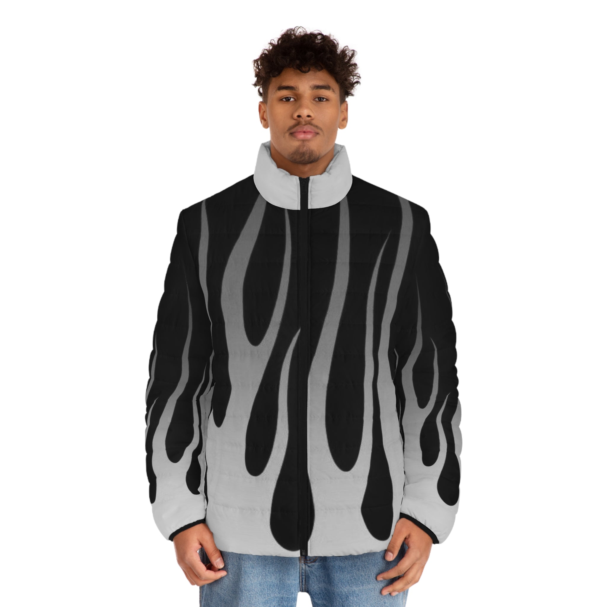 Men's Flame Puffer Jacket — Black & Grey Gradient All-Over Print
