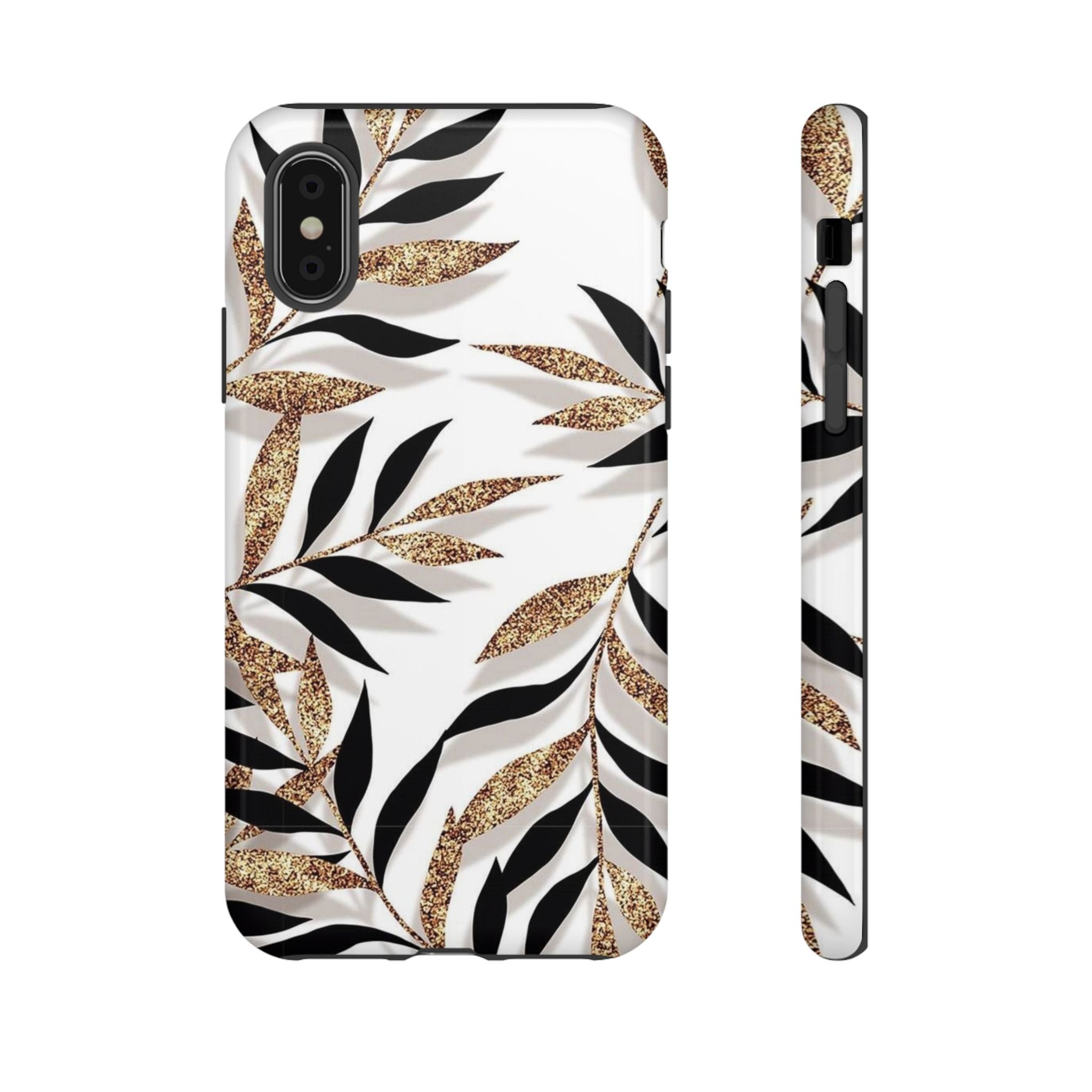 Gold Leaf Floral Phone Case — Glitter Black & White Botanical Tough Case