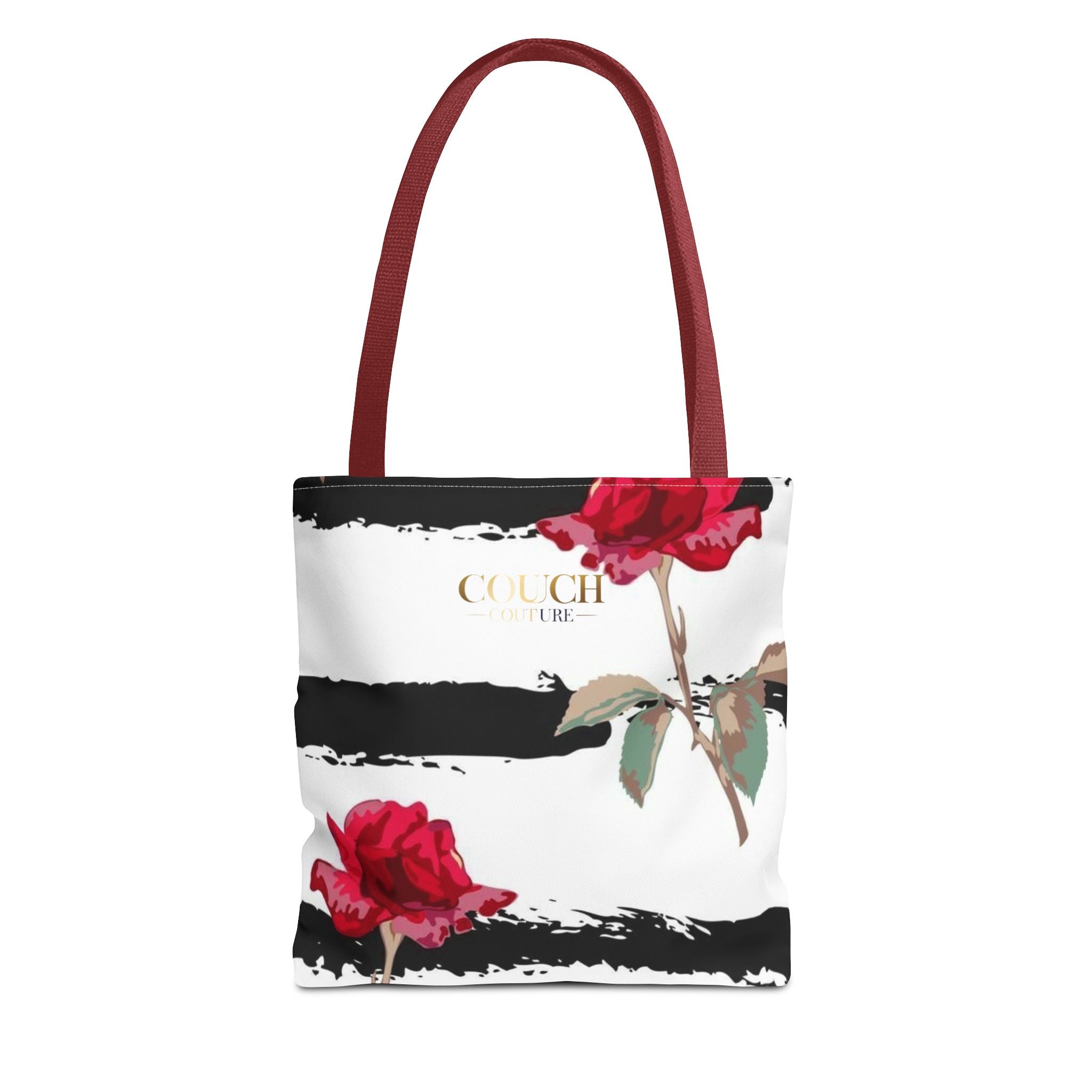 Floral Stripe Tote Bag – Red Roses on Black Brushstroke Stripes