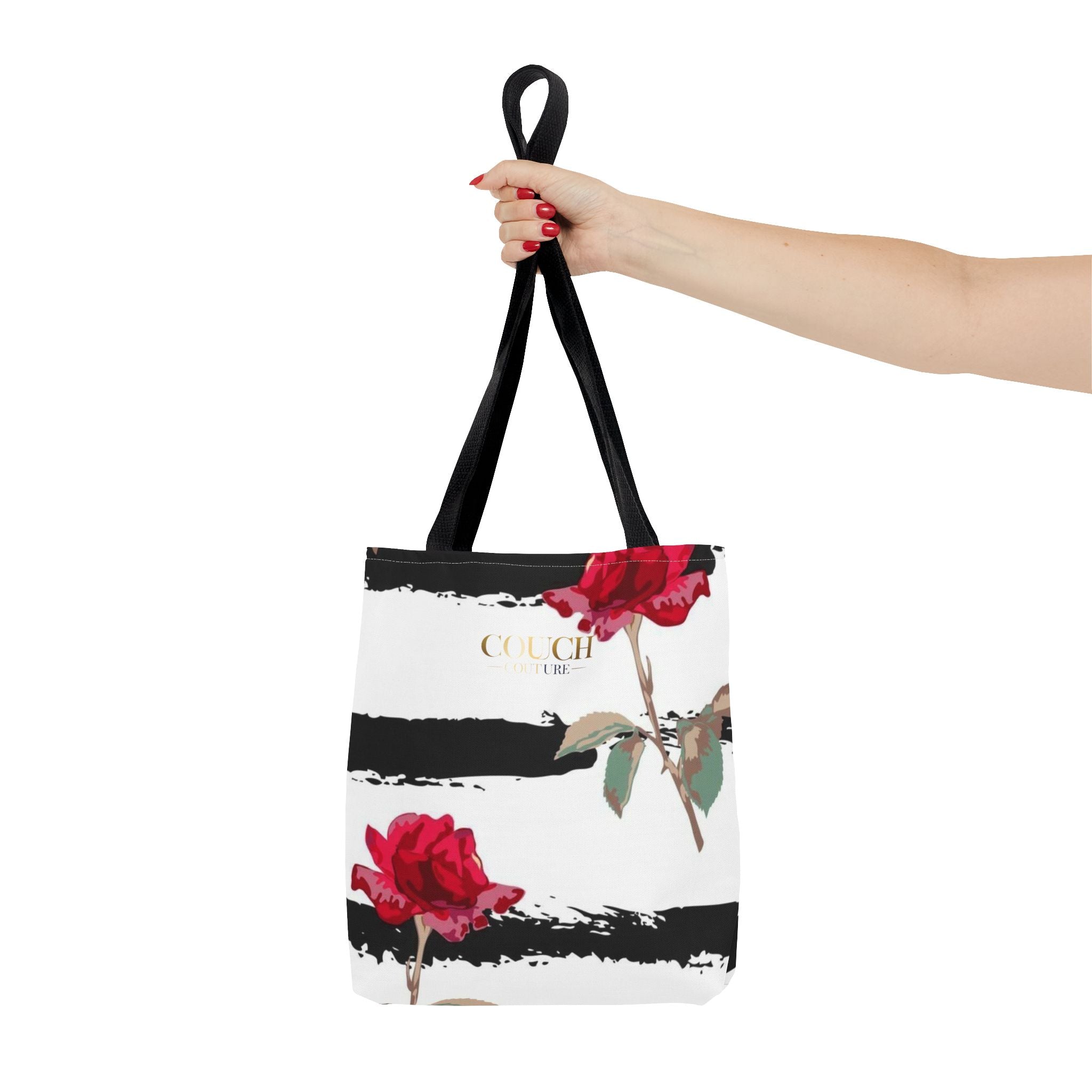 Floral Stripe Tote Bag – Red Roses on Black Brushstroke Stripes