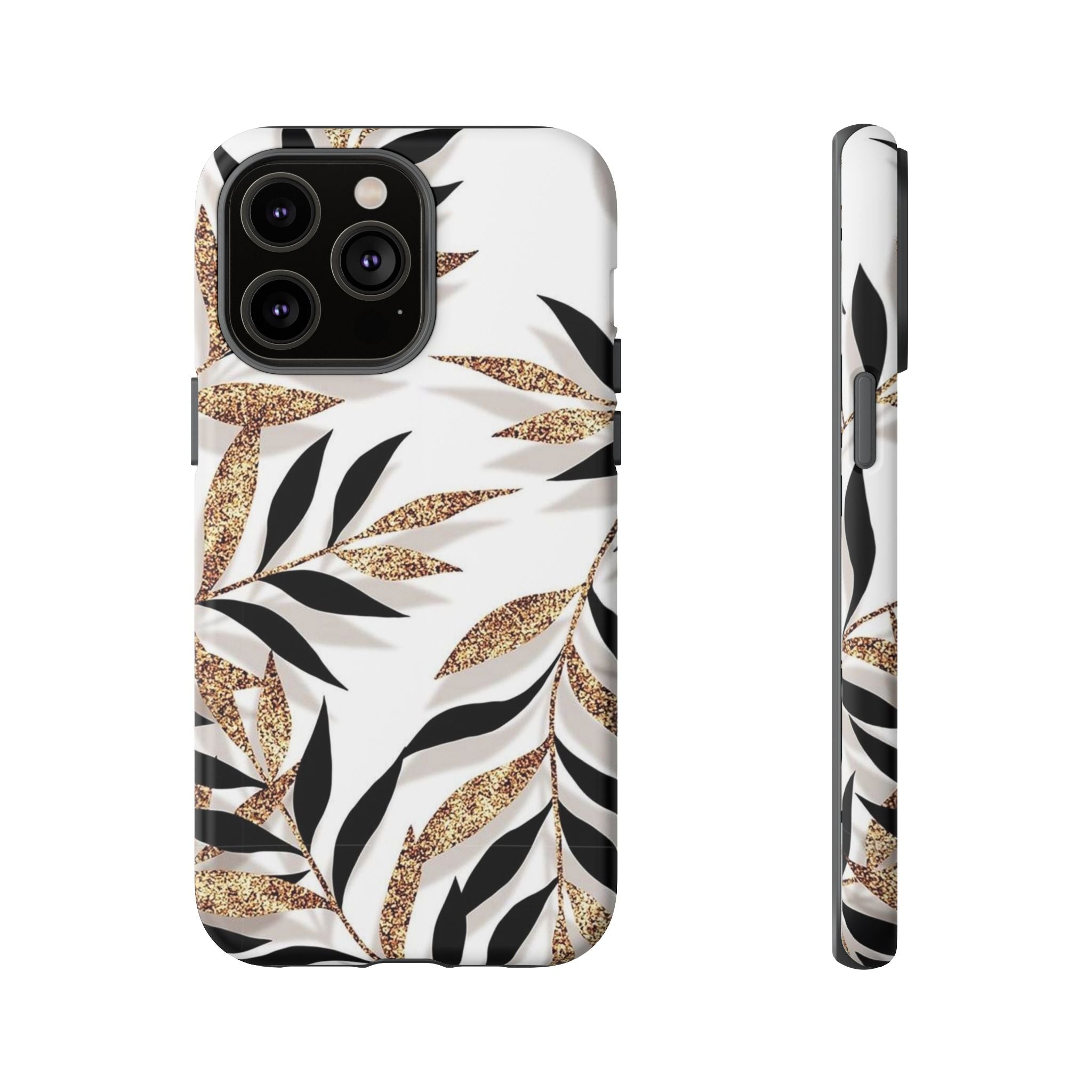Gold Leaf Floral Phone Case — Glitter Black & White Botanical Tough Case