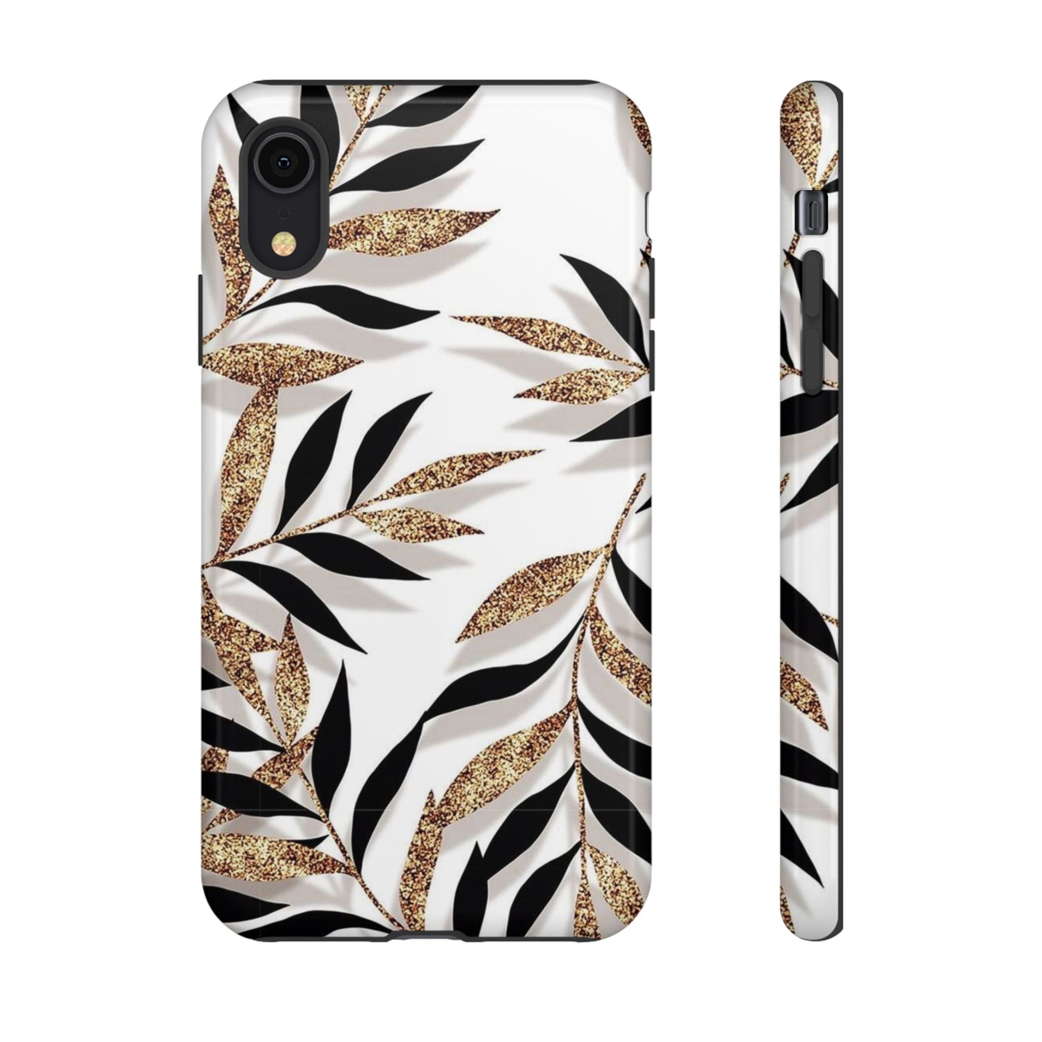Gold Leaf Floral Phone Case — Glitter Black & White Botanical Tough Case