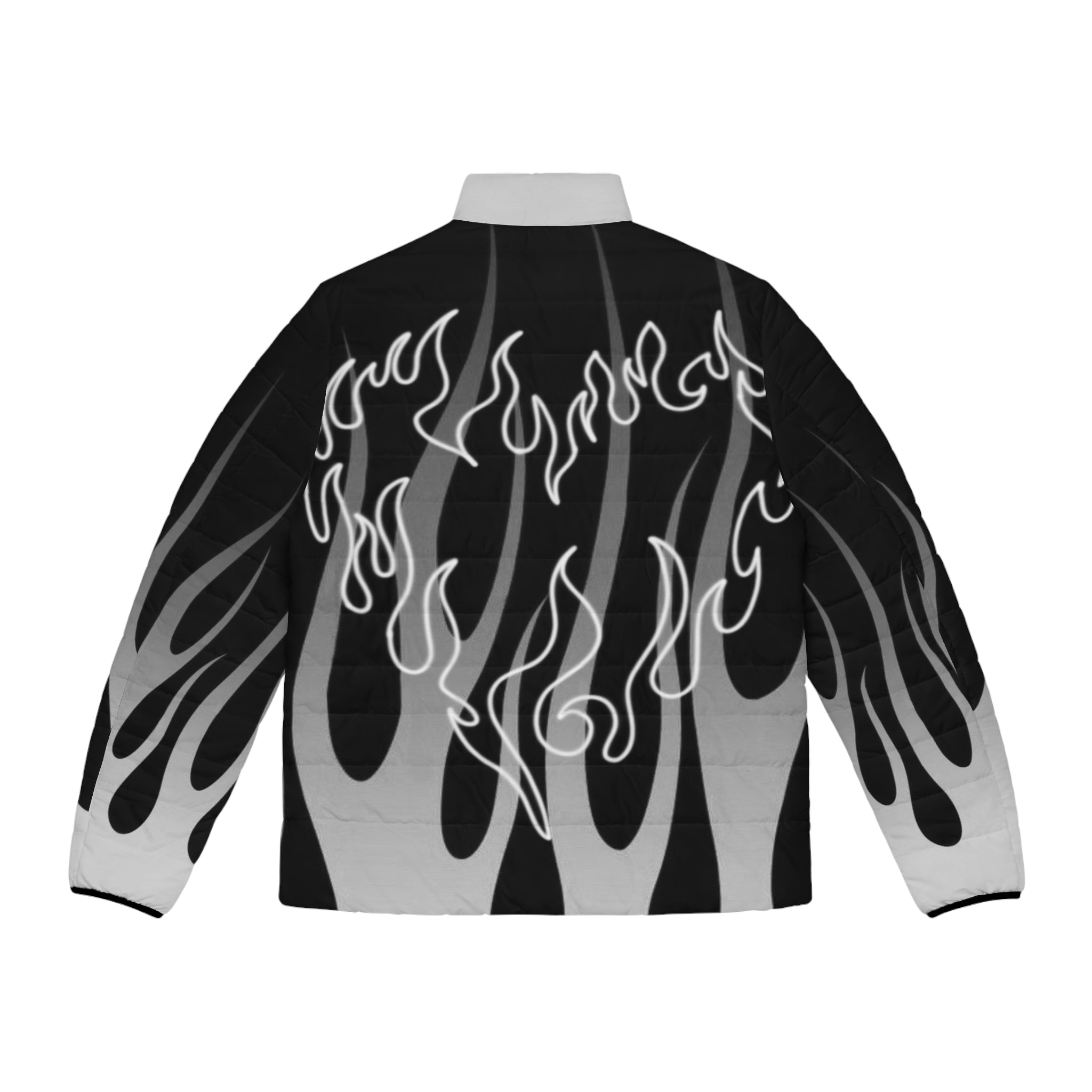 Men's Flame Puffer Jacket — Black & Grey Gradient All-Over Print