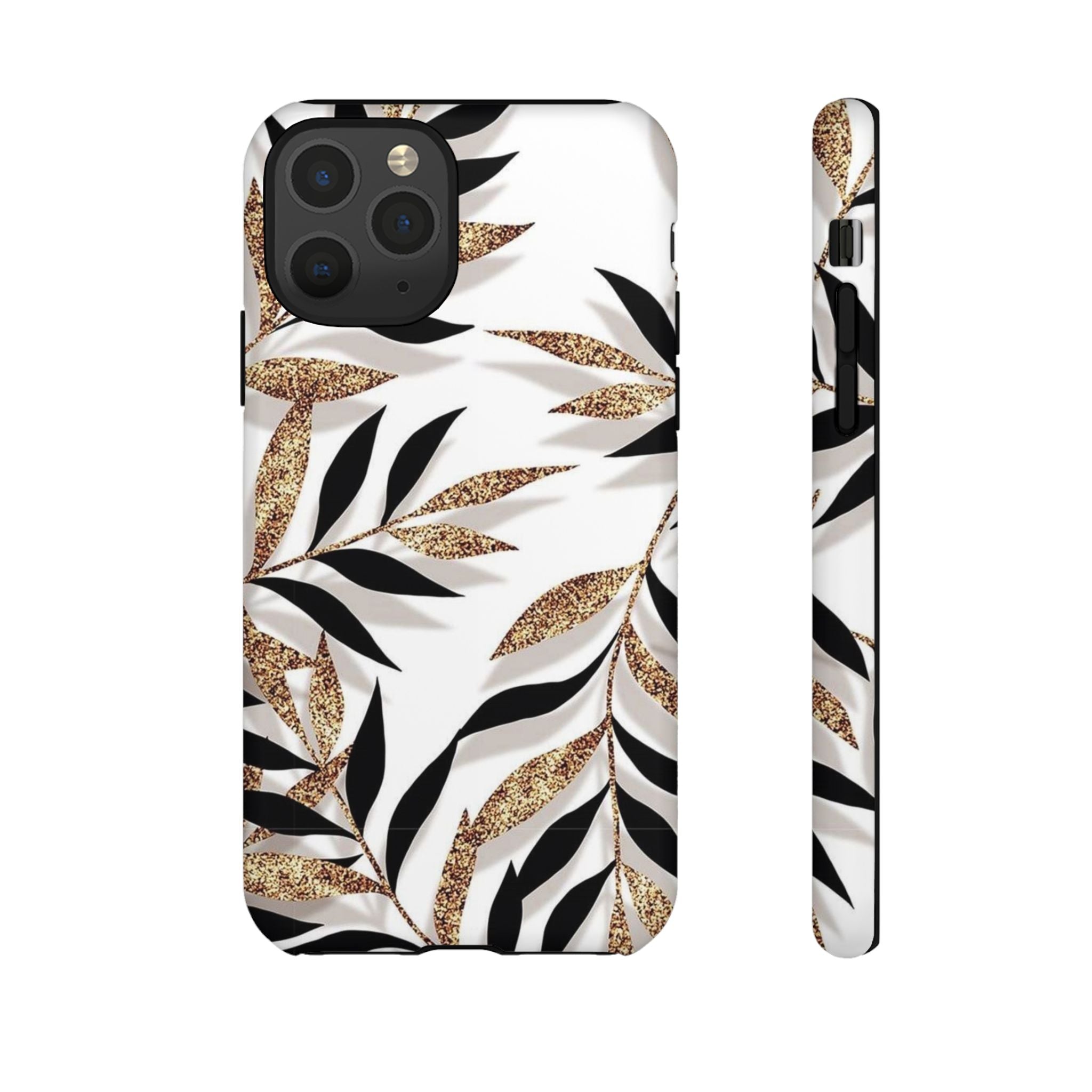 Gold Leaf Floral Phone Case — Glitter Black & White Botanical Tough Case