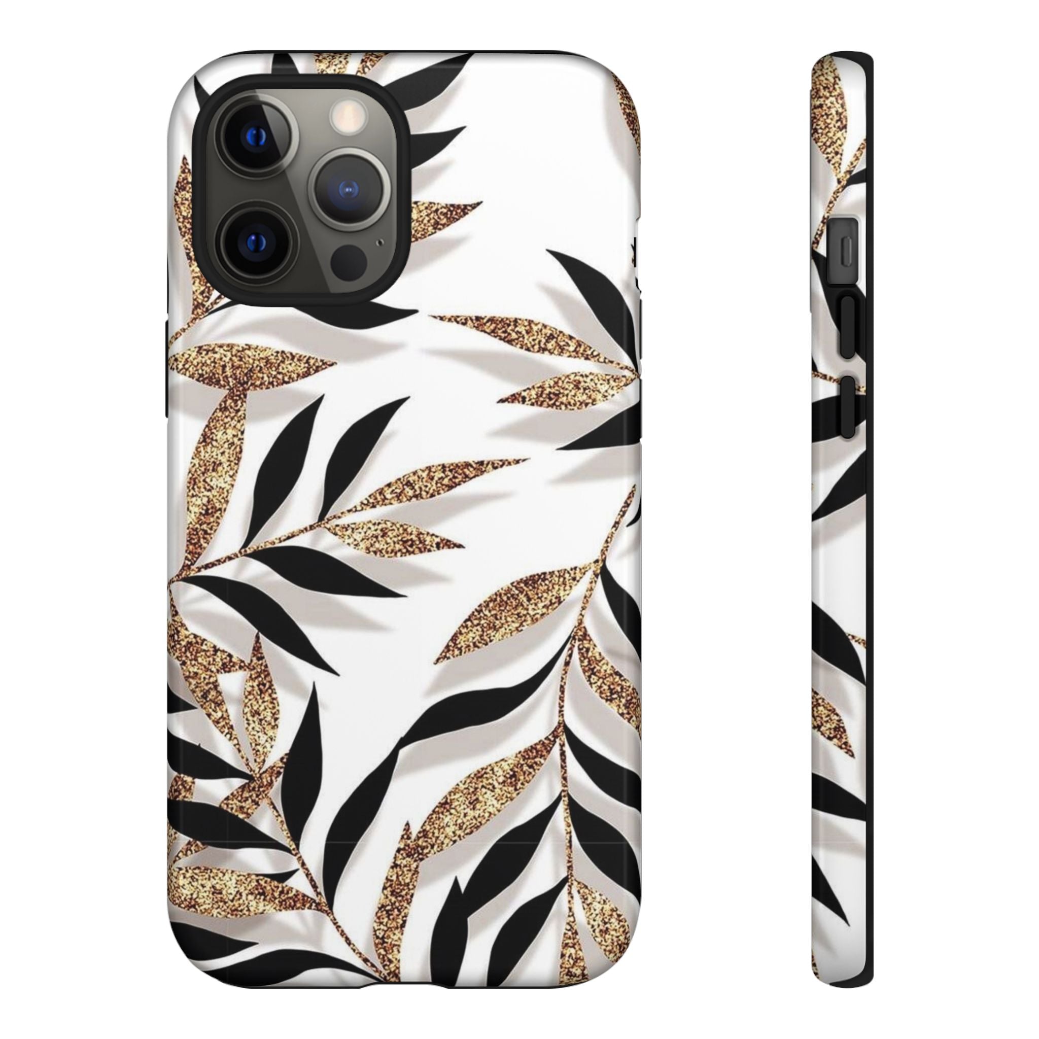 Gold Leaf Floral Phone Case — Glitter Black & White Botanical Tough Case