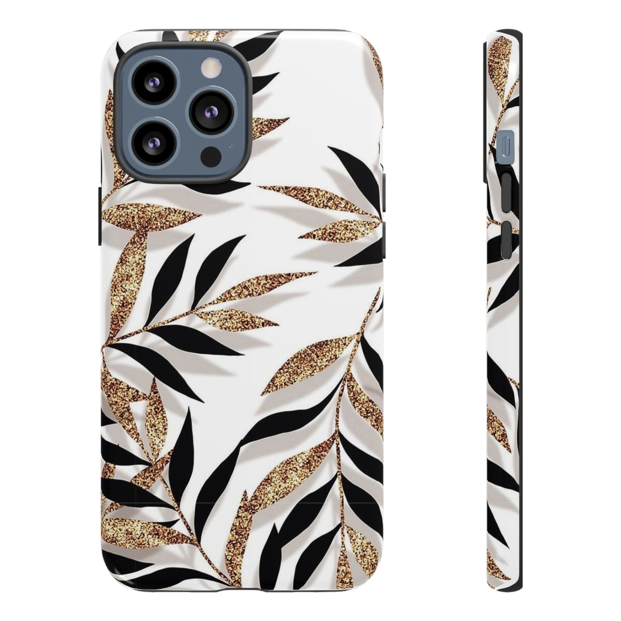 Gold Leaf Floral Phone Case — Glitter Black & White Botanical Tough Case
