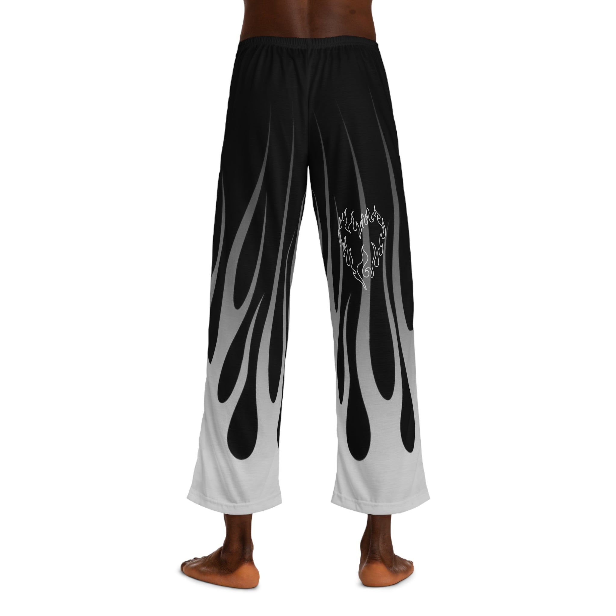 Flame Graphic Pajama Pants — Black Gradient Lounge Pants with Heart Flame Accent