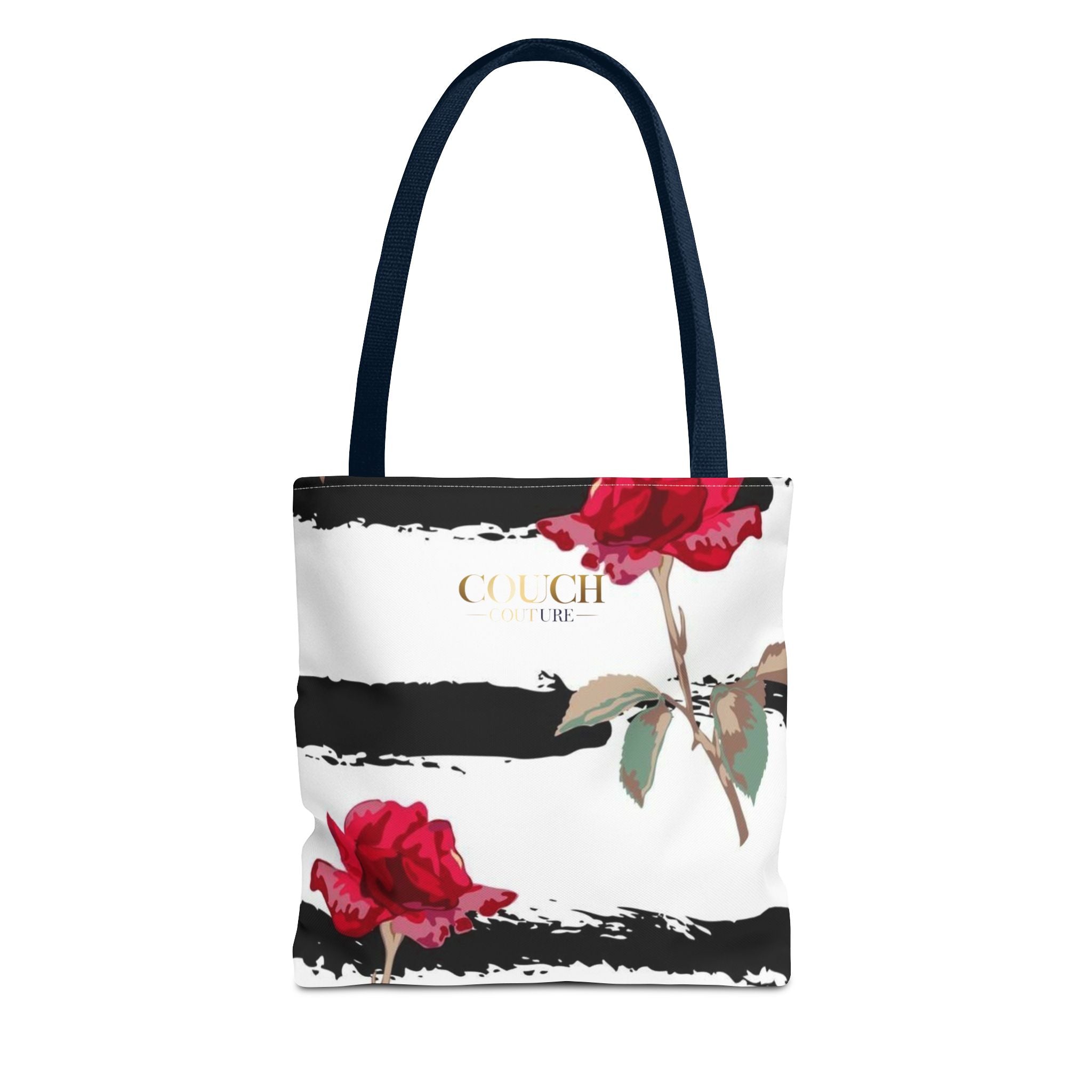 Floral Stripe Tote Bag – Red Roses on Black Brushstroke Stripes