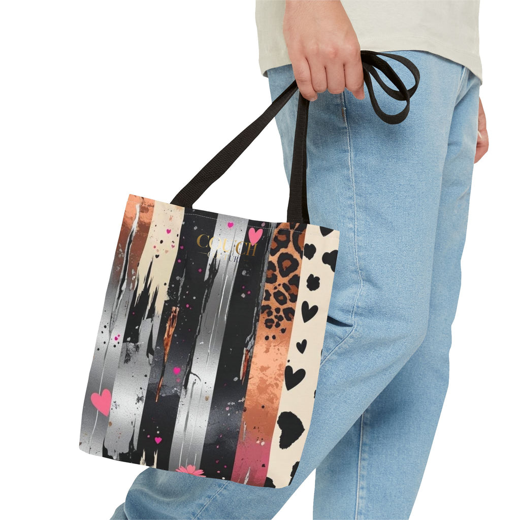 Leopard Hearts Pattern Tote Bag — Floral & Striped All-Over Print Tote