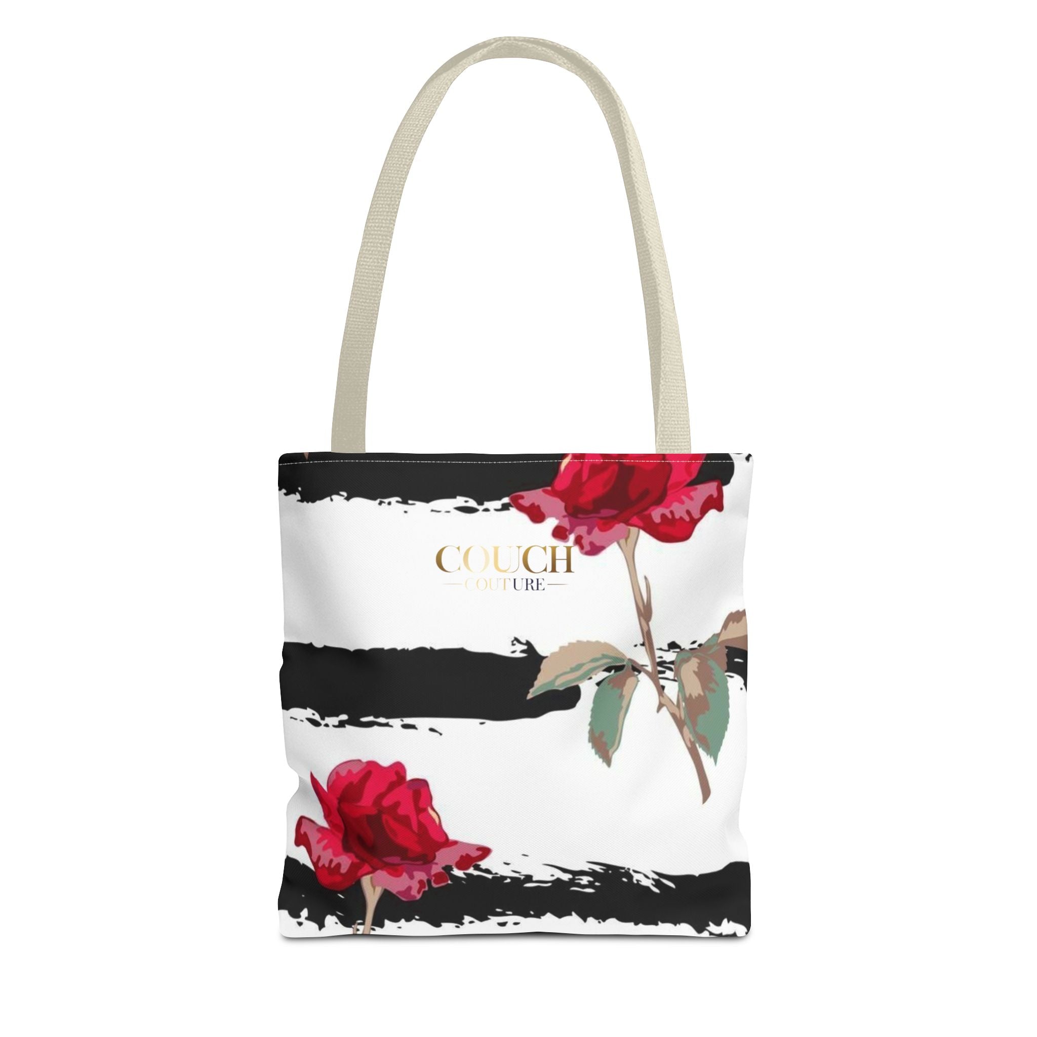 Floral Stripe Tote Bag – Red Roses on Black Brushstroke Stripes