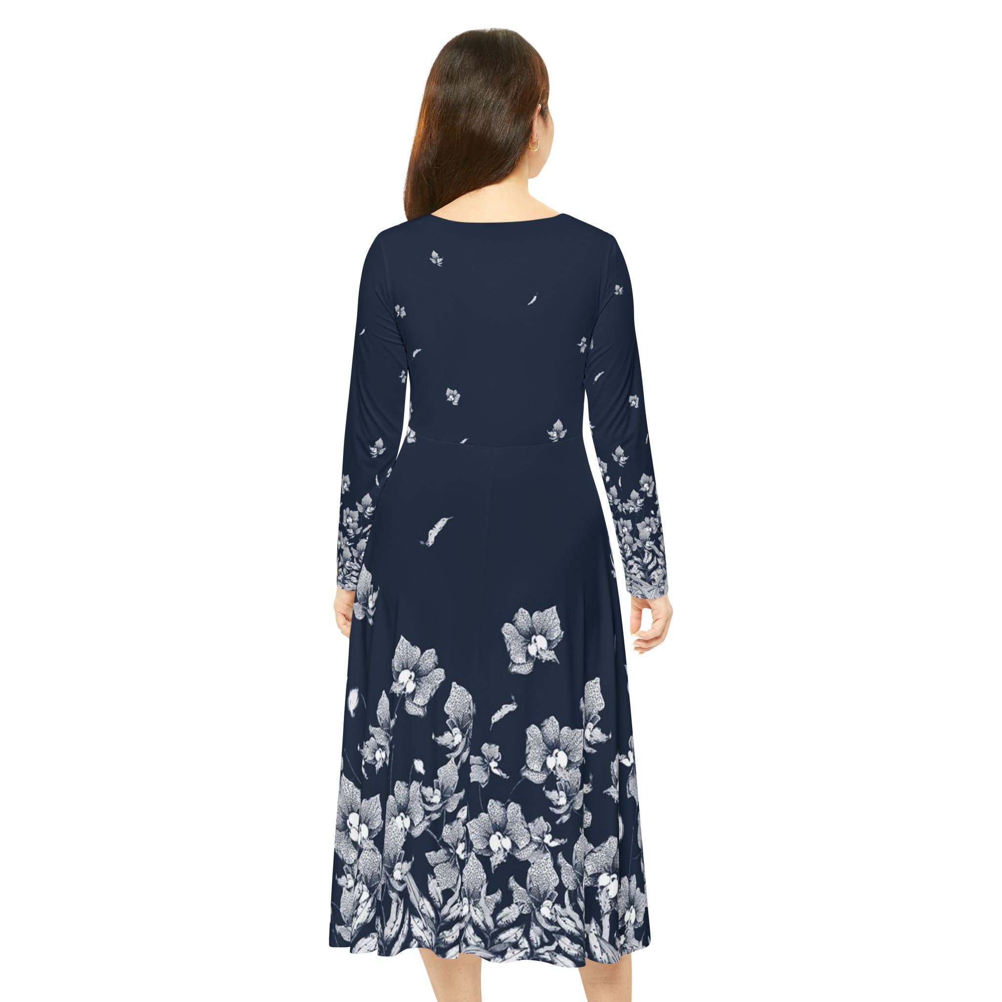 Floral Navy Long Sleeve Dance Dress — AOP Vintage Bloom Skater Midi