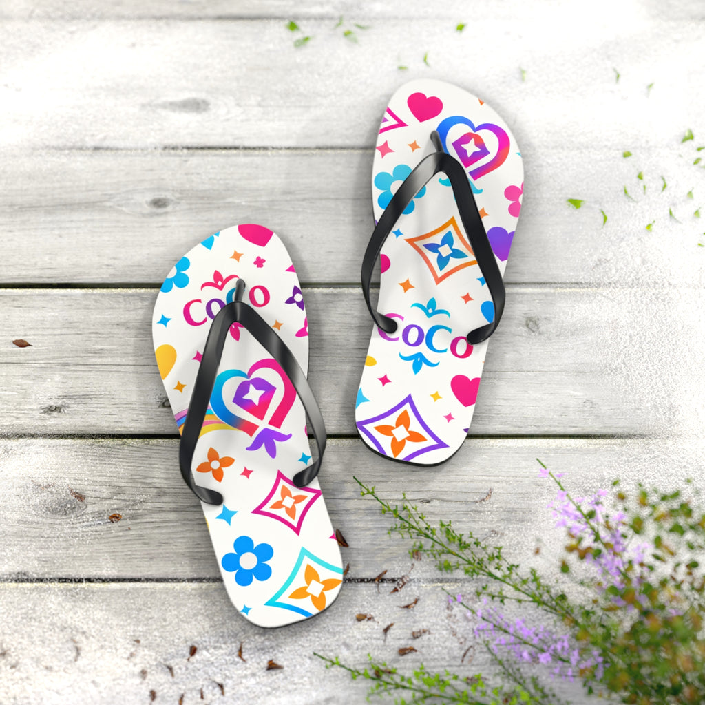 Colorful Monogram Flip Flops – Tropical Heart & Flower Pattern