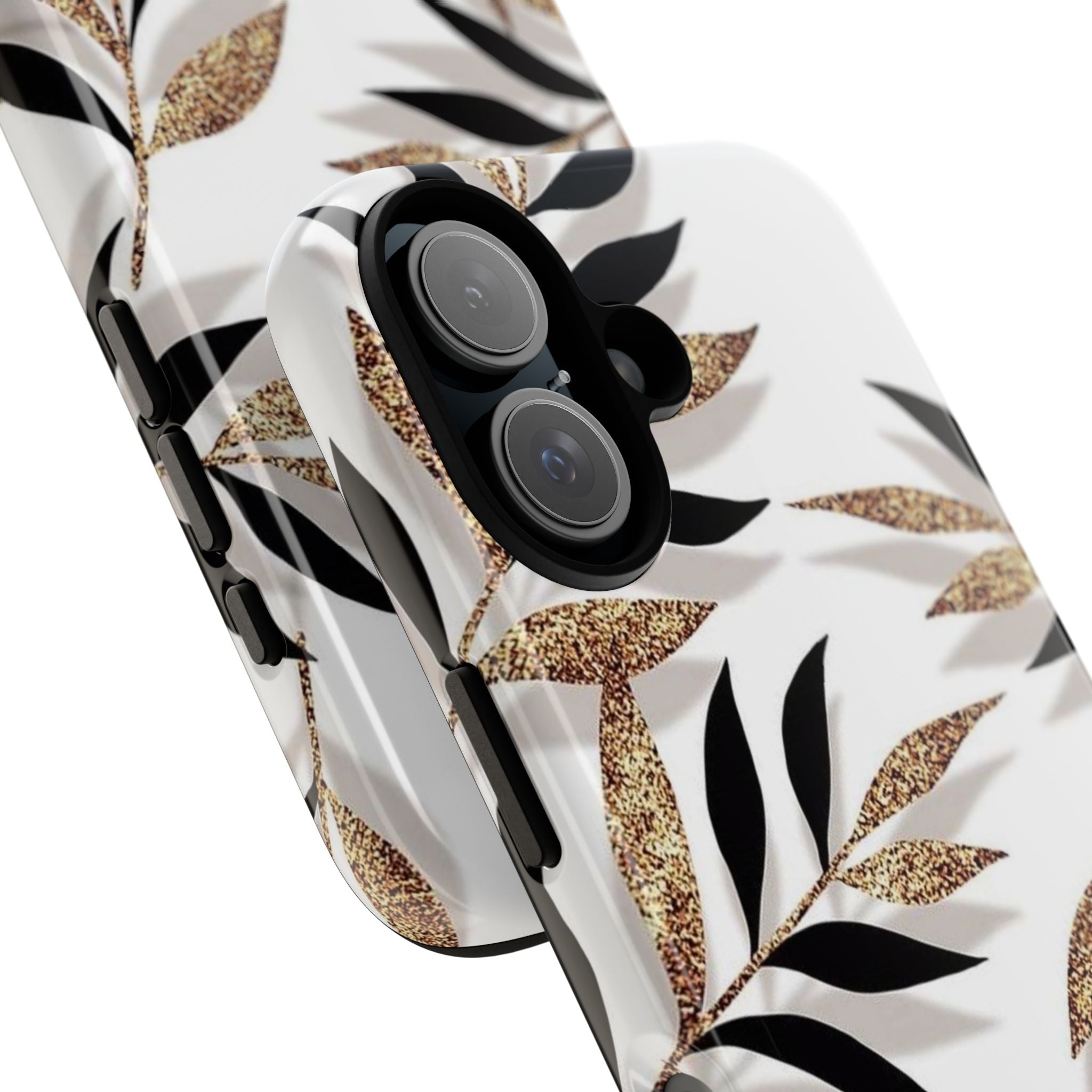 Gold Leaf Floral Phone Case — Glitter Black & White Botanical Tough Case