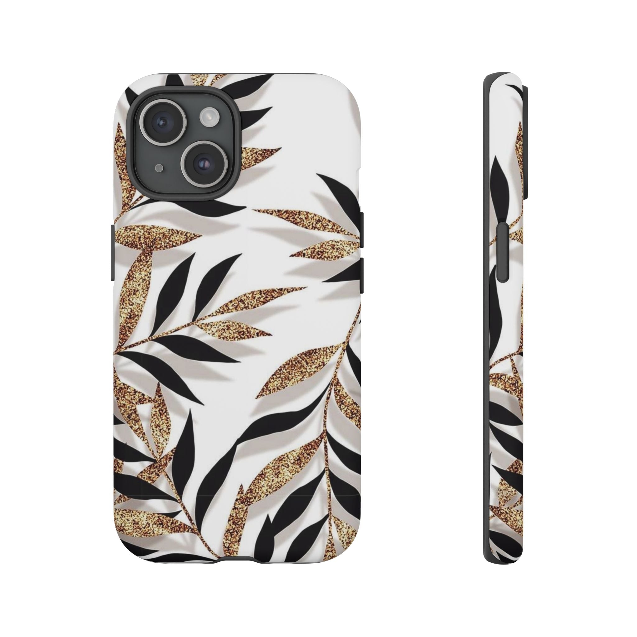 Gold Leaf Floral Phone Case — Glitter Black & White Botanical Tough Case