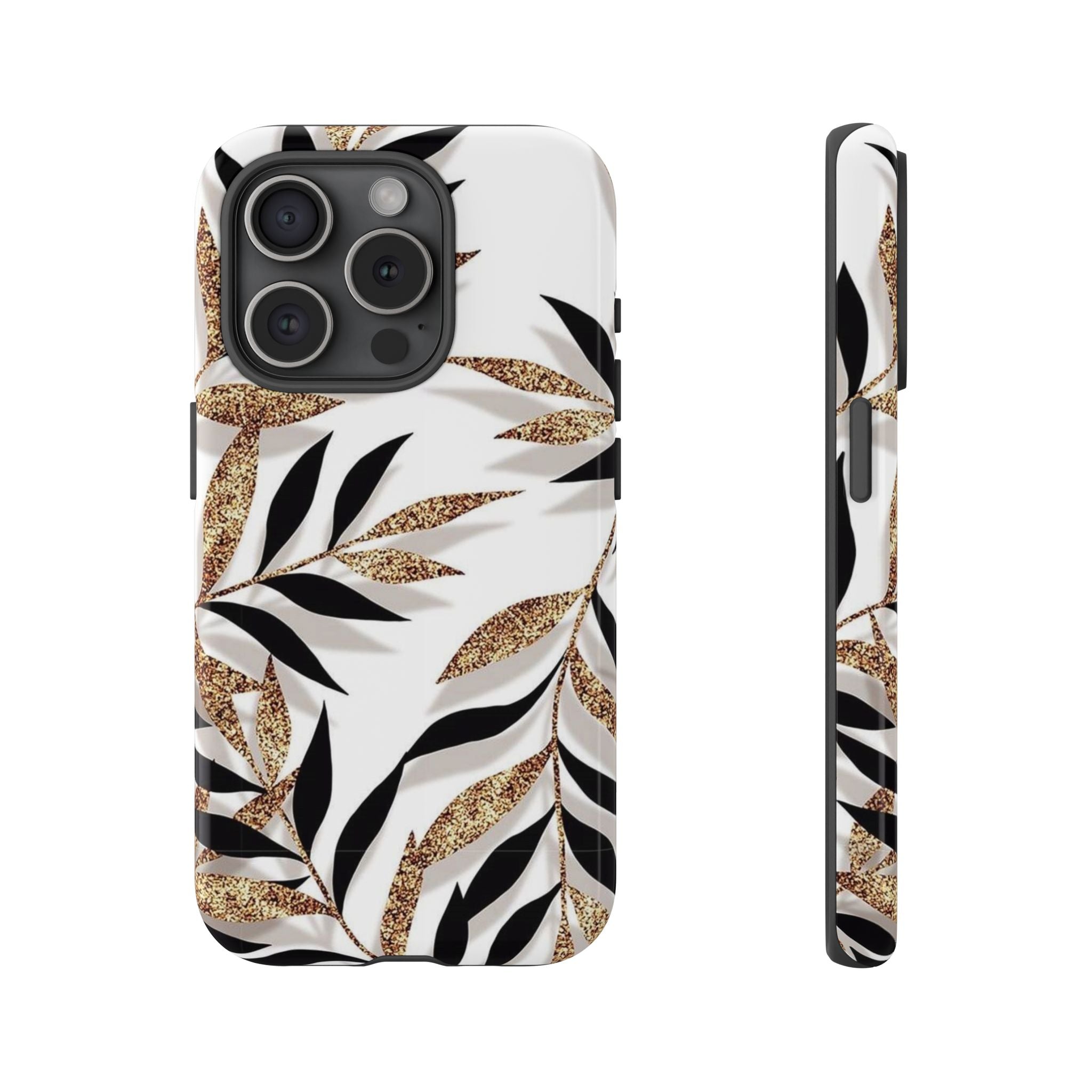 Gold Leaf Floral Phone Case — Glitter Black & White Botanical Tough Case
