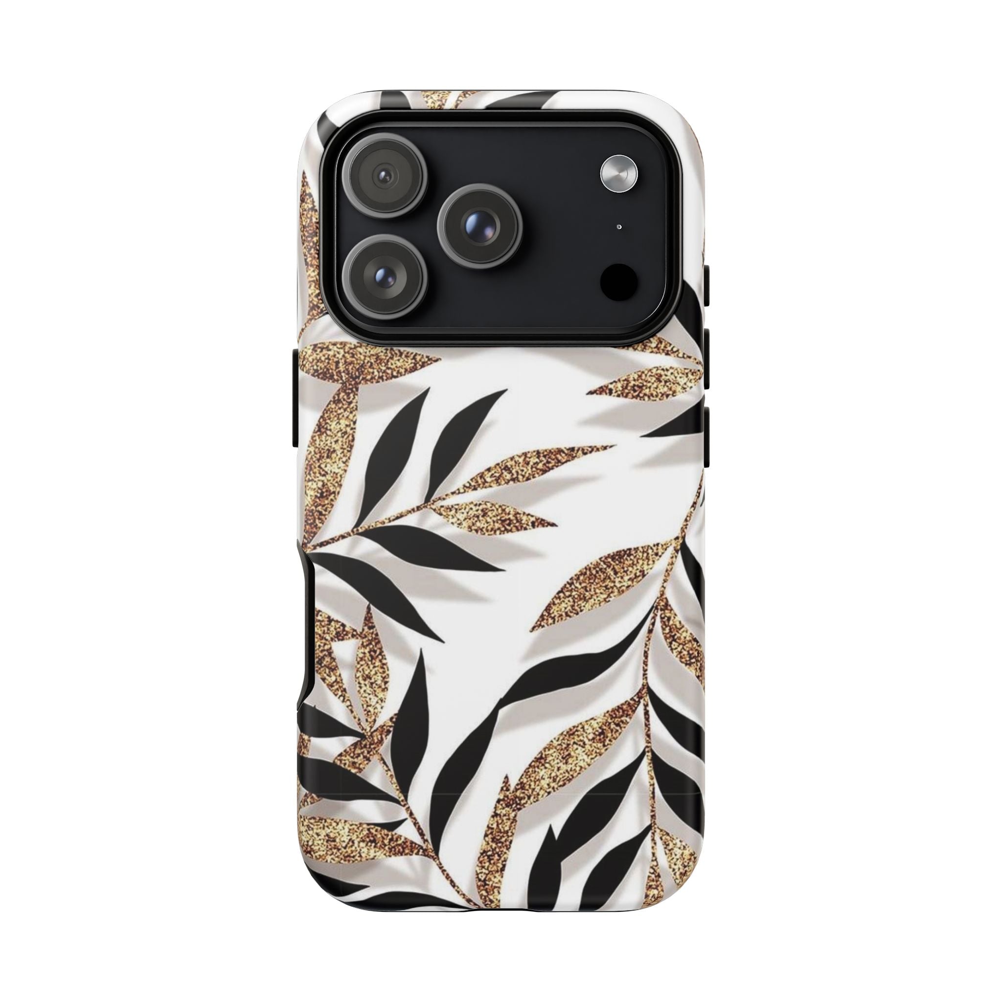 Gold Leaf Floral Phone Case — Glitter Black & White Botanical Tough Case
