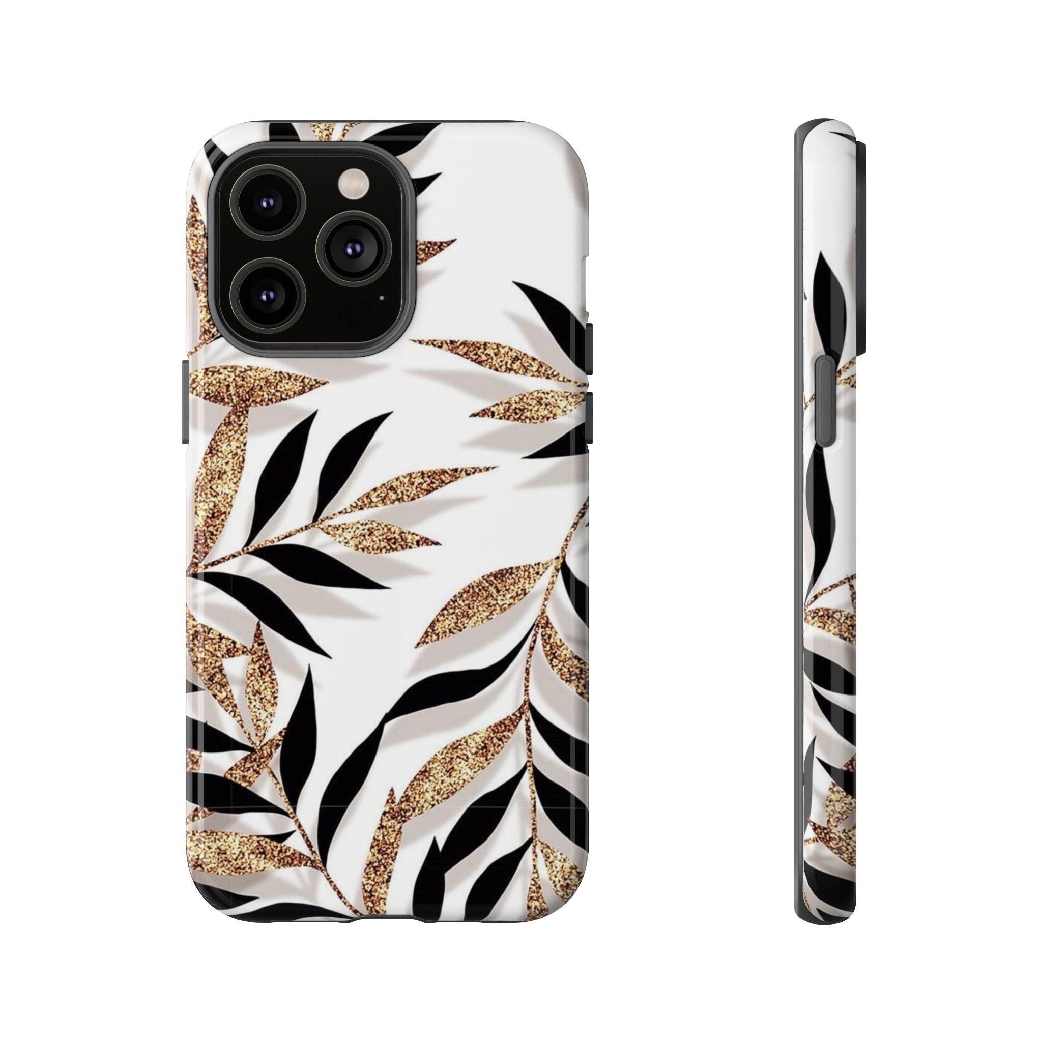 Gold Leaf Floral Phone Case — Glitter Black & White Botanical Tough Case