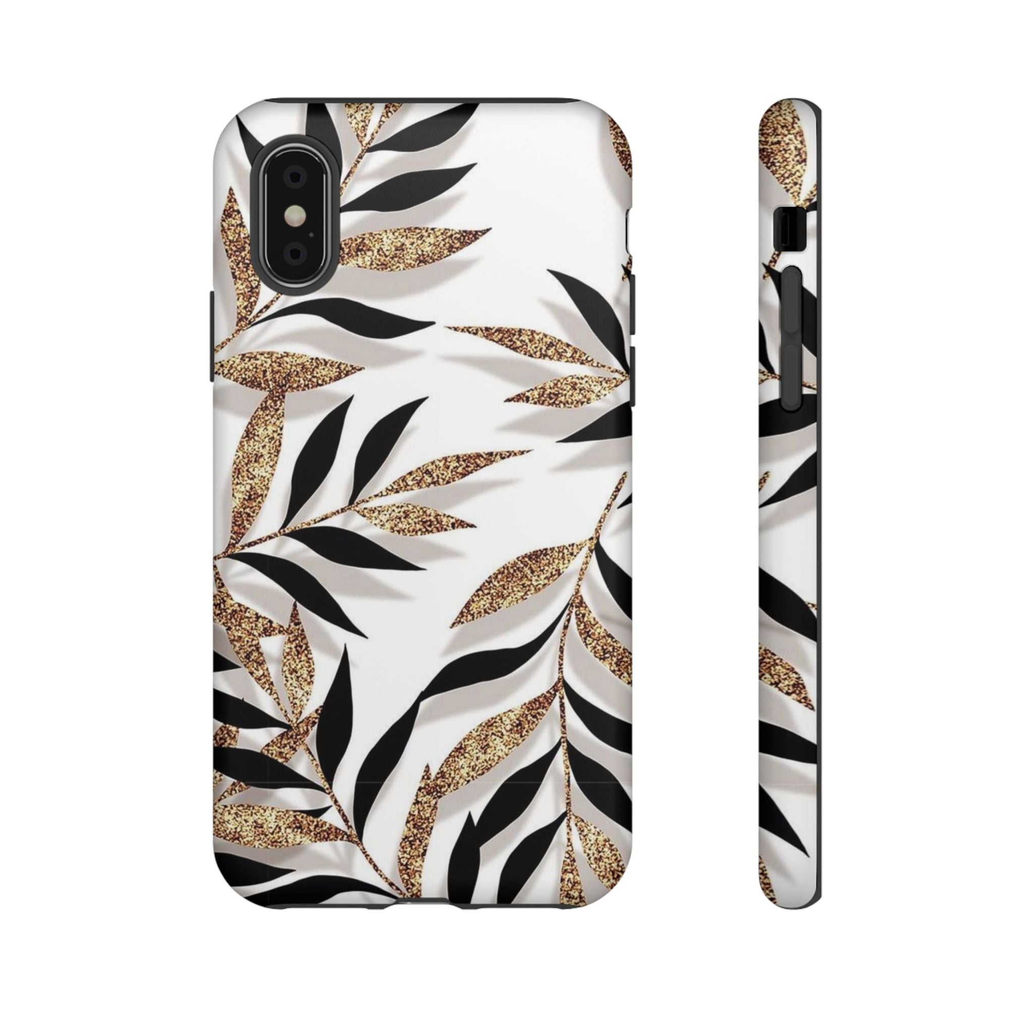 Gold Leaf Floral Phone Case — Glitter Black & White Botanical Tough Case