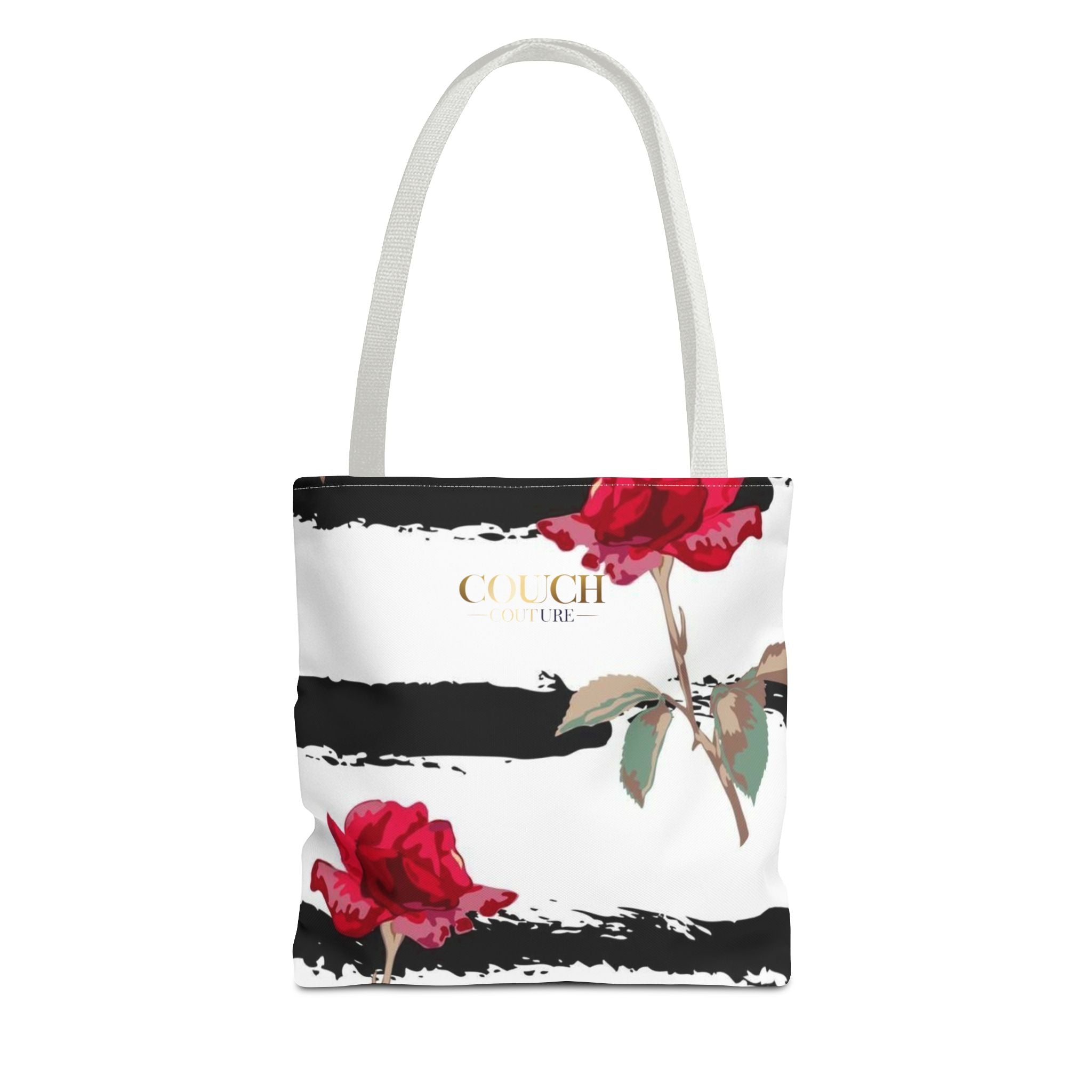 Floral Stripe Tote Bag – Red Roses on Black Brushstroke Stripes