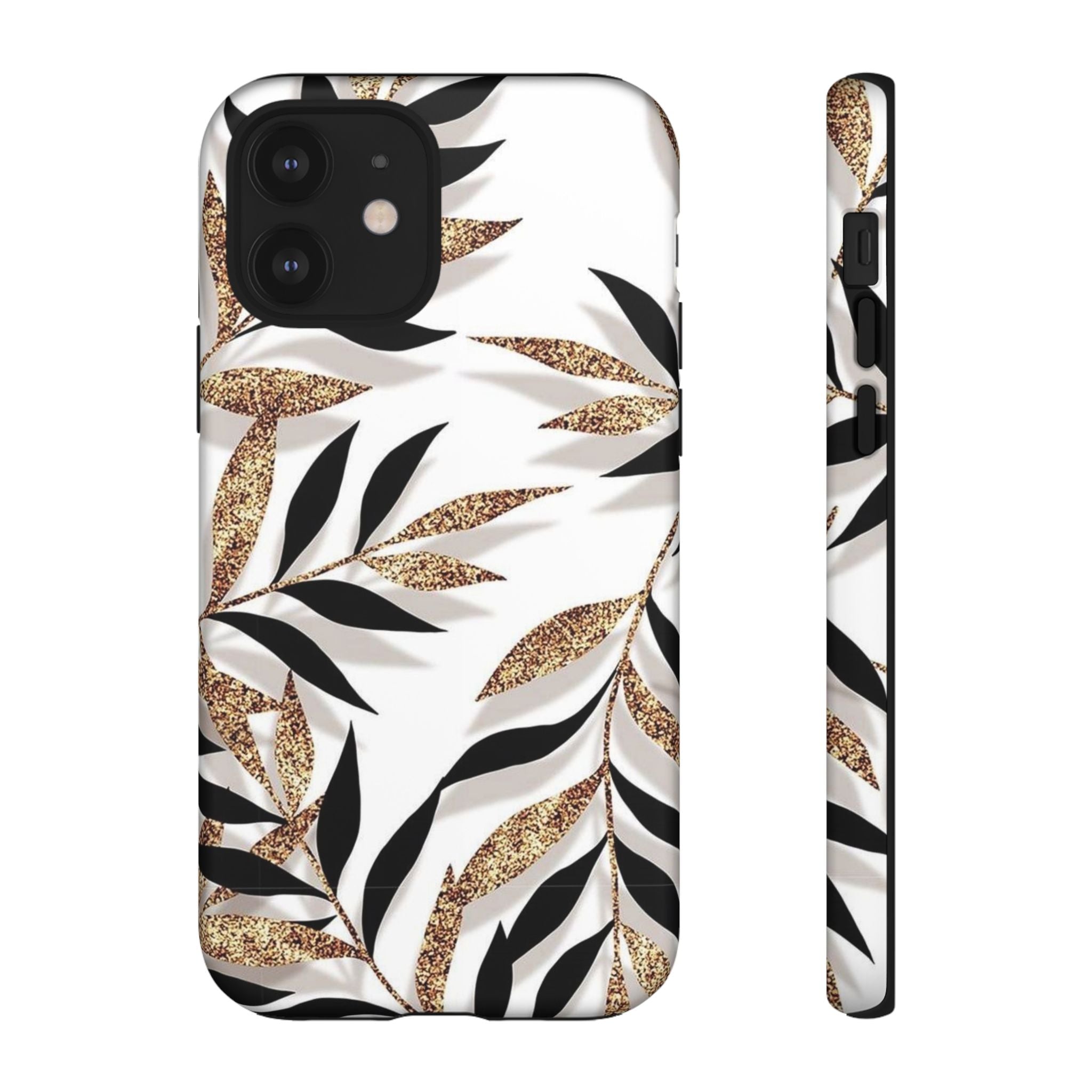 Gold Leaf Floral Phone Case — Glitter Black & White Botanical Tough Case