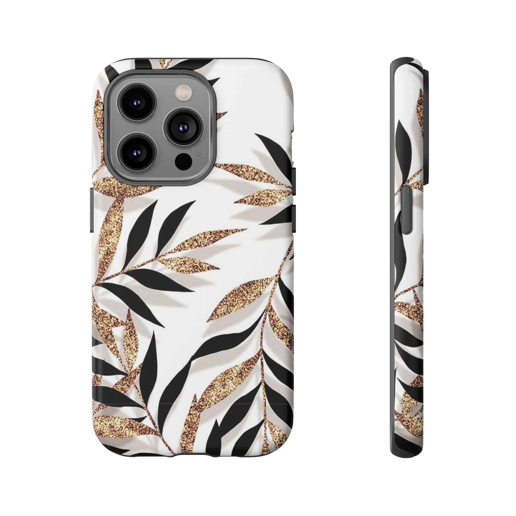 Gold Leaf Floral Phone Case — Glitter Black & White Botanical Tough Case