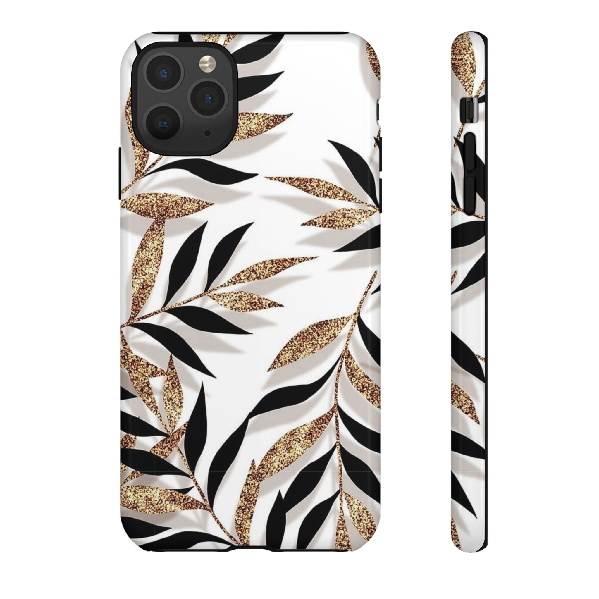 Gold Leaf Floral Phone Case — Glitter Black & White Botanical Tough Case