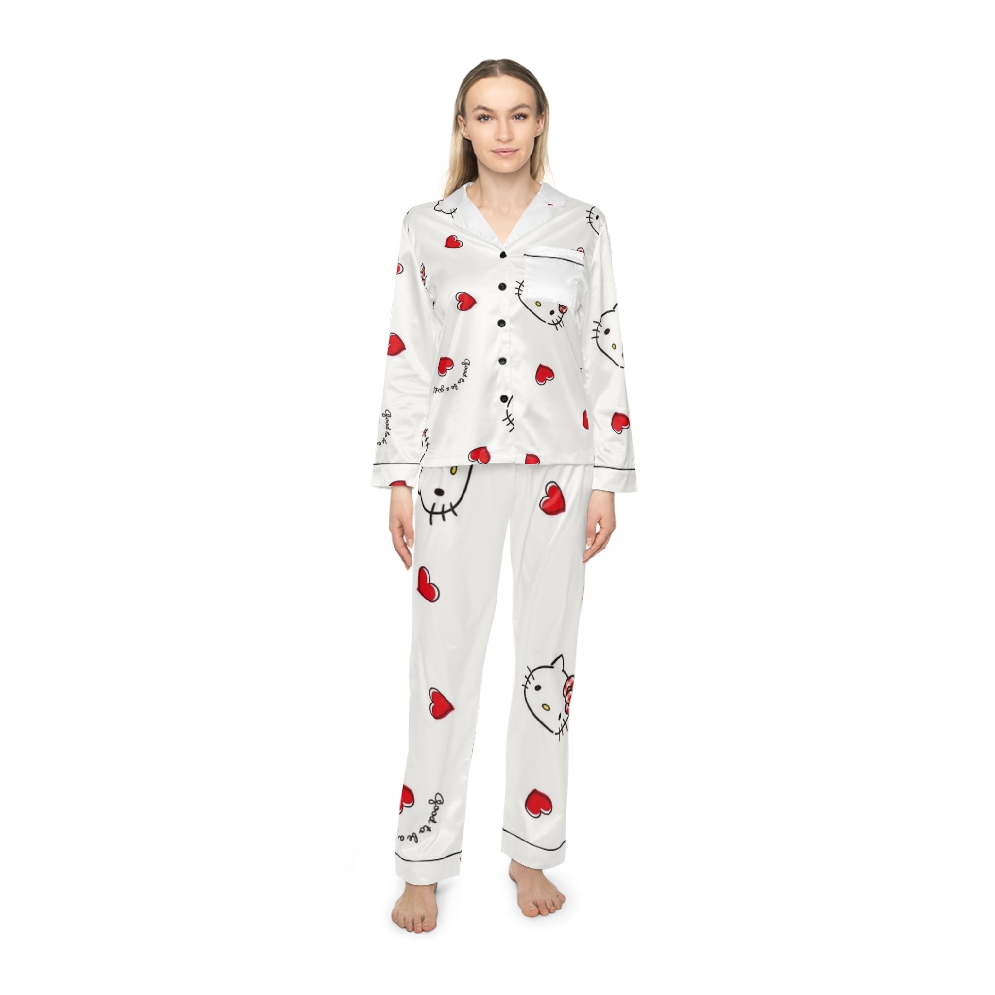 Hello Kitty Satin Pajama Set — Women’s Romantic Heart Print Sleepwear