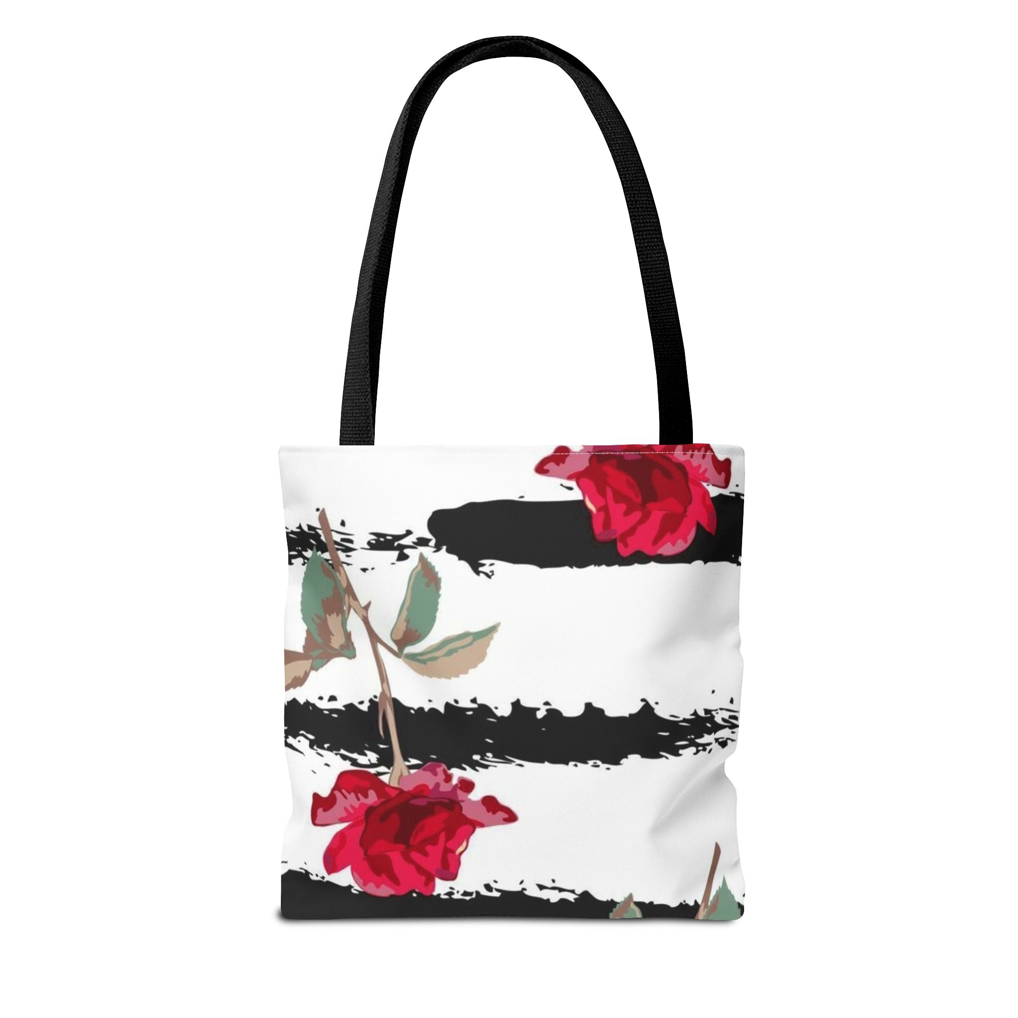 Floral Stripe Tote Bag – Red Roses on Black Brushstroke Stripes