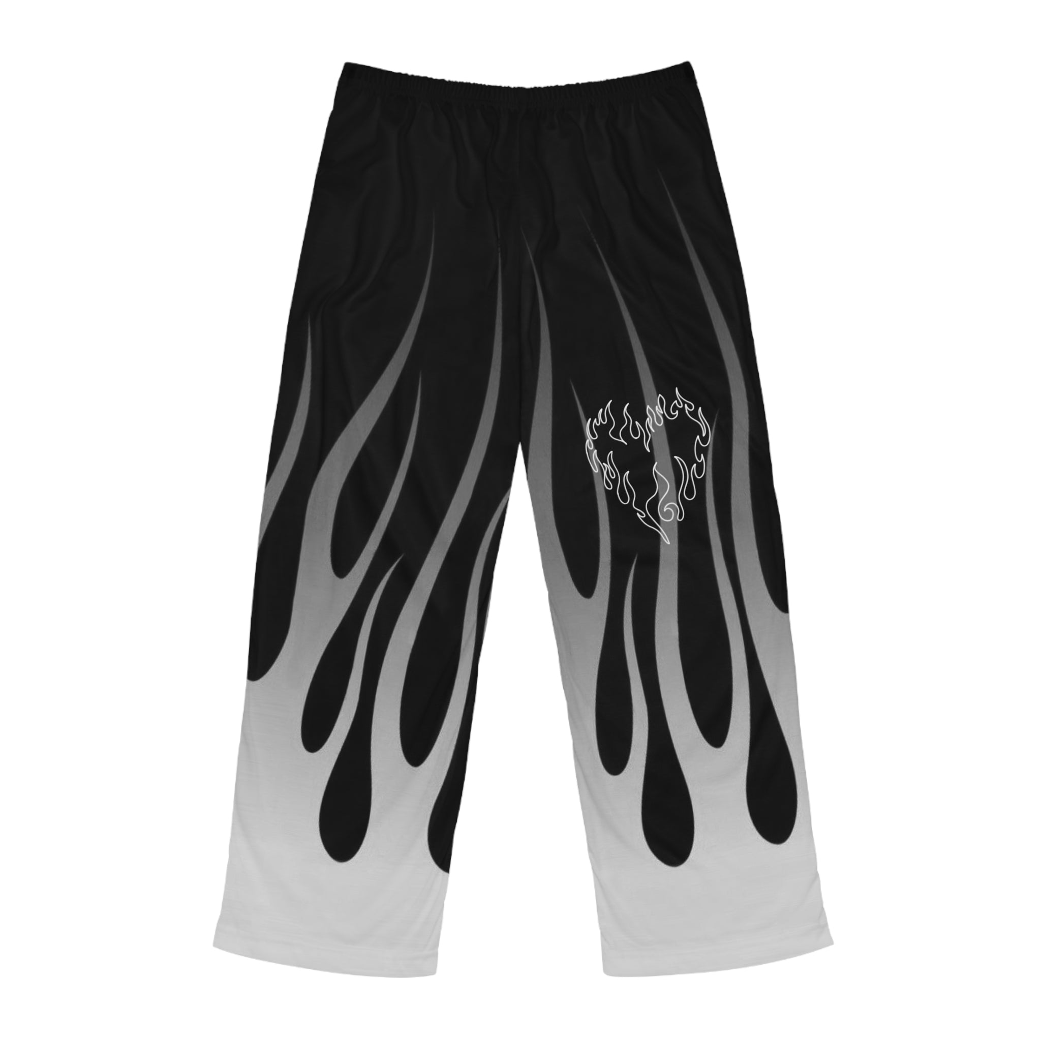 Flame Graphic Pajama Pants — Black Gradient Lounge Pants with Heart Flame Accent