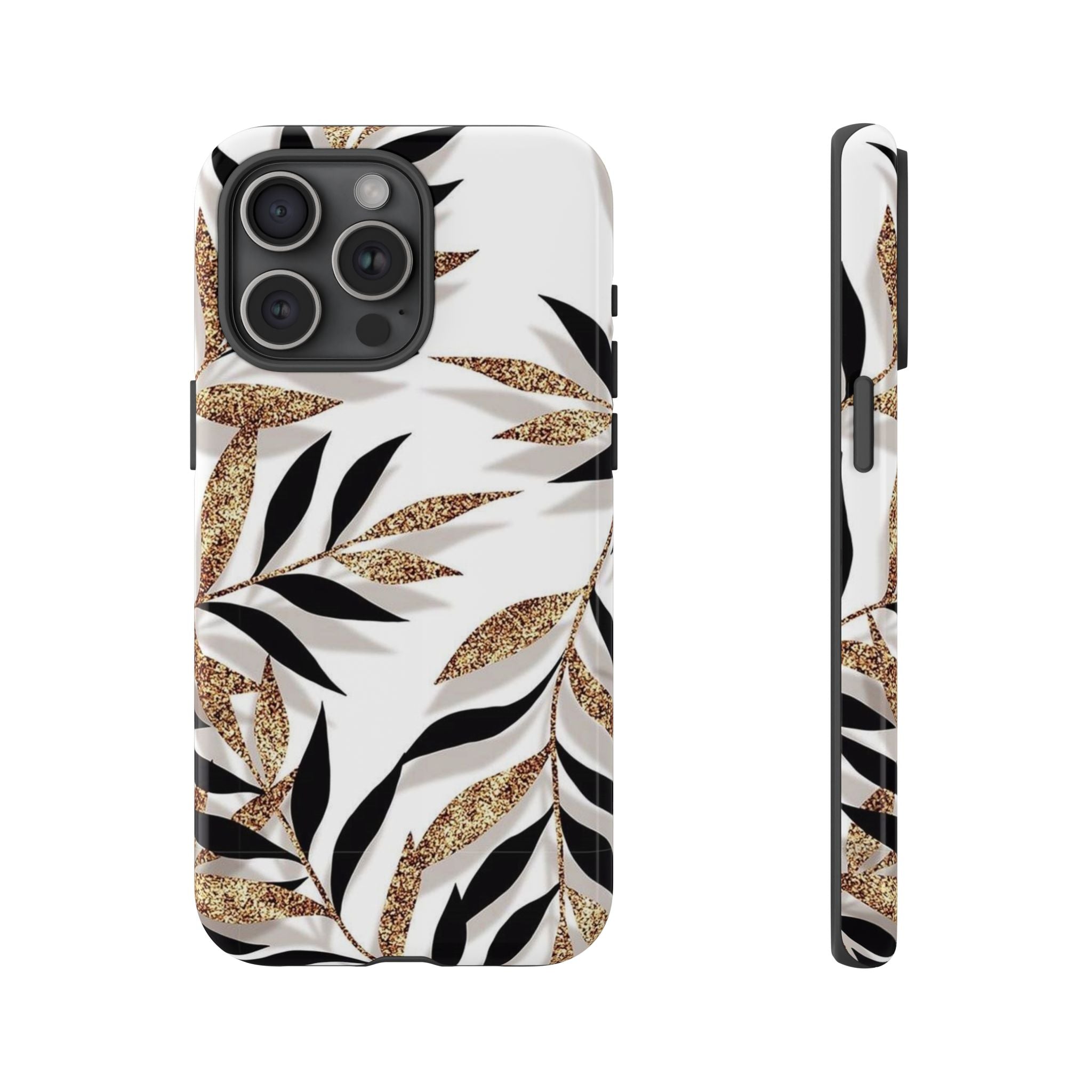 Gold Leaf Floral Phone Case — Glitter Black & White Botanical Tough Case