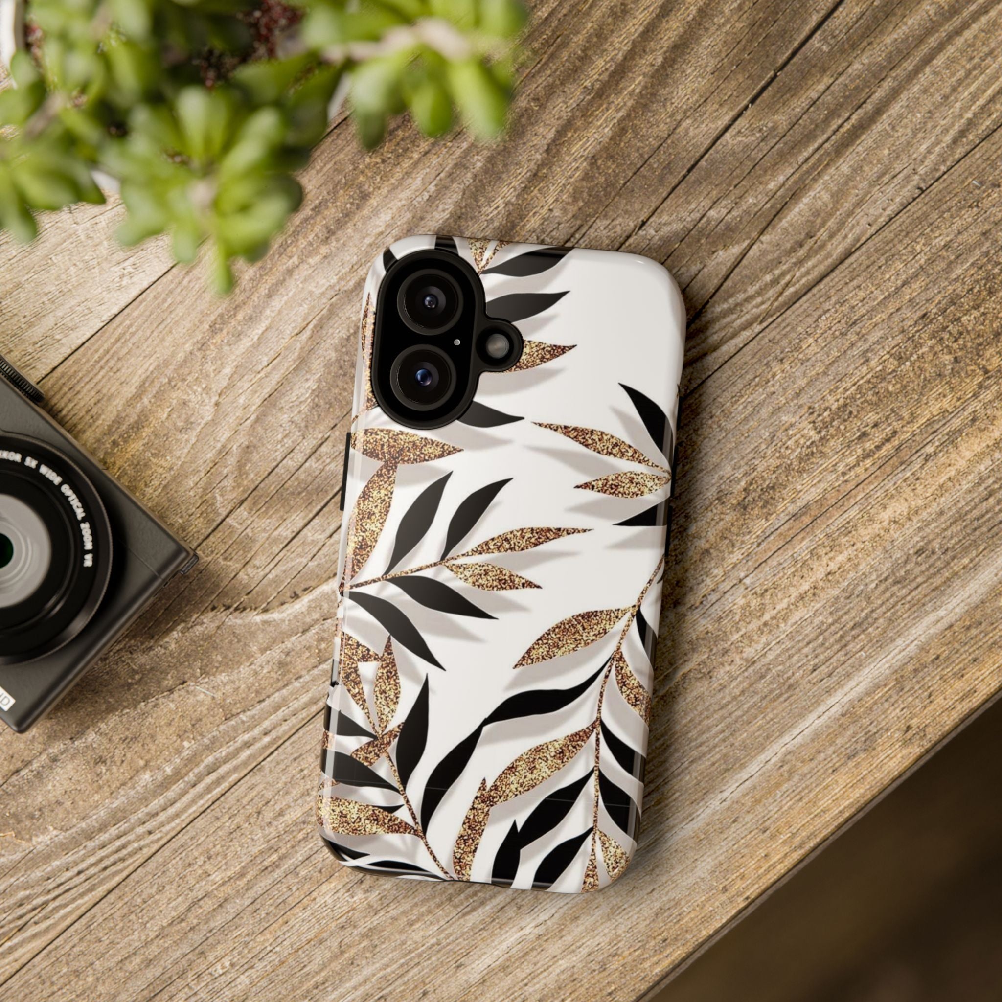 Gold Leaf Floral Phone Case — Glitter Black & White Botanical Tough Case