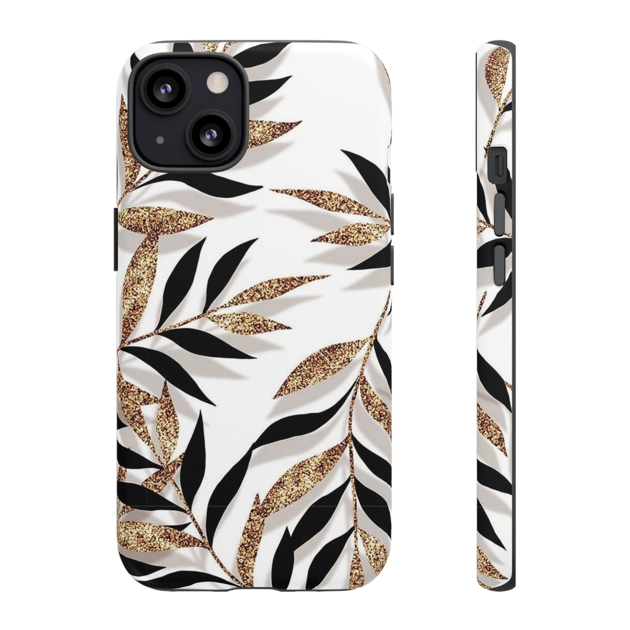 Gold Leaf Floral Phone Case — Glitter Black & White Botanical Tough Case
