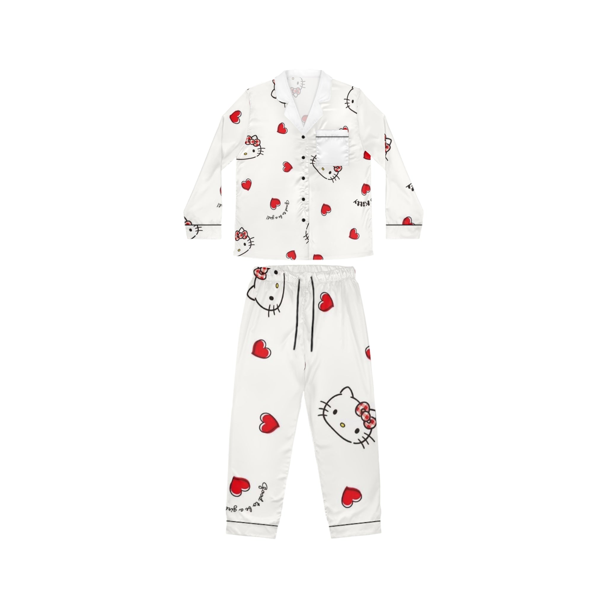 Hello Kitty Satin Pajama Set — Women’s Romantic Heart Print Sleepwear