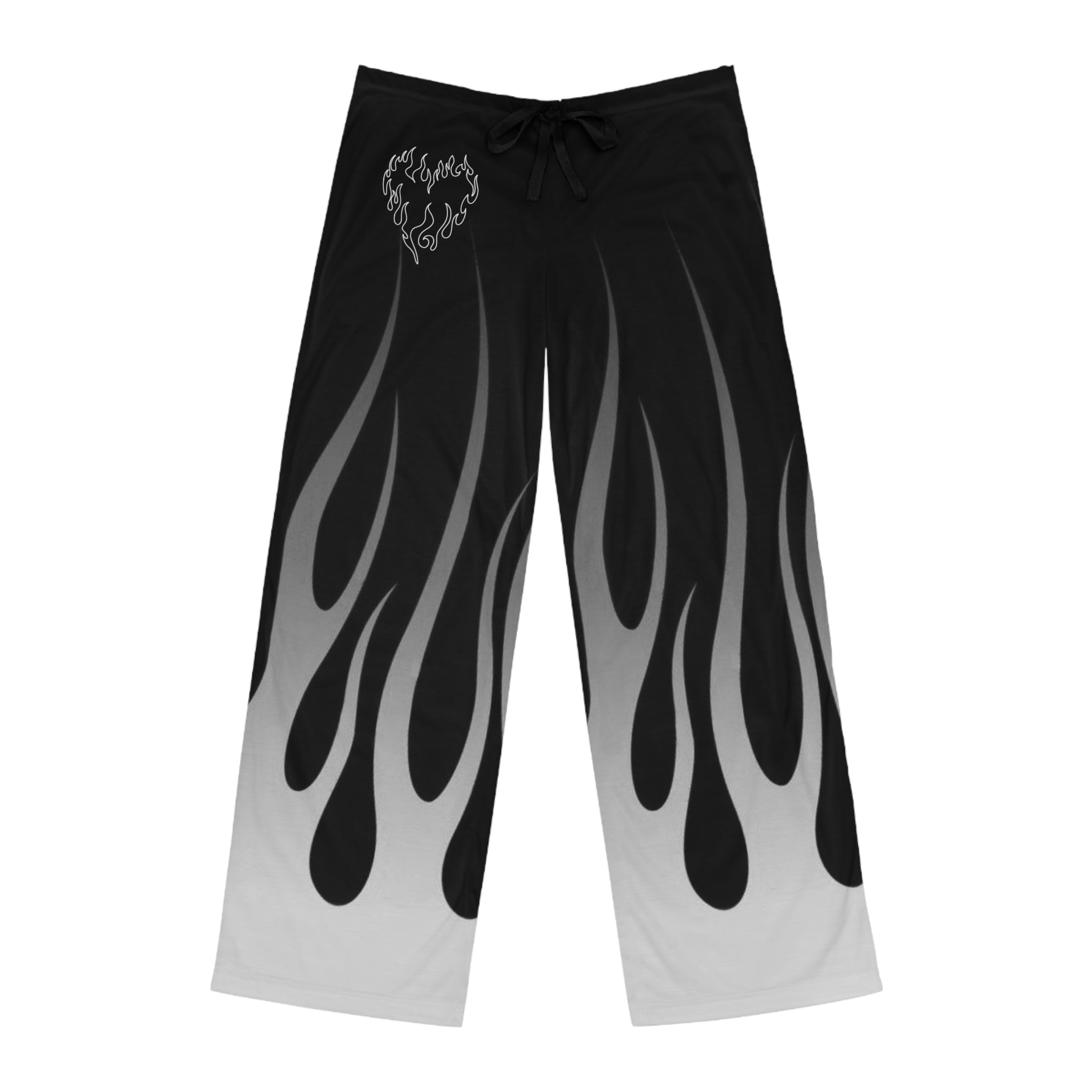 Flame Graphic Pajama Pants — Black Gradient Lounge Pants with Heart Flame Accent