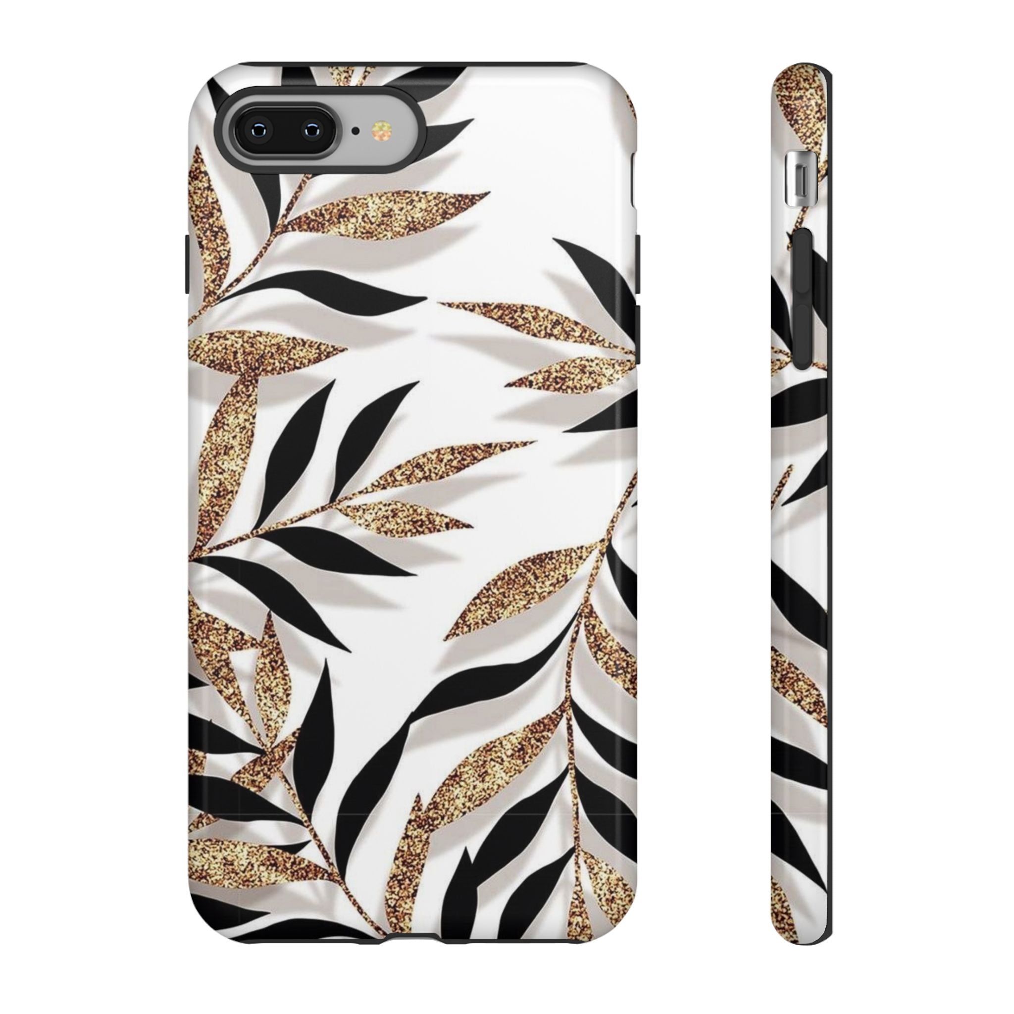 Gold Leaf Floral Phone Case — Glitter Black & White Botanical Tough Case