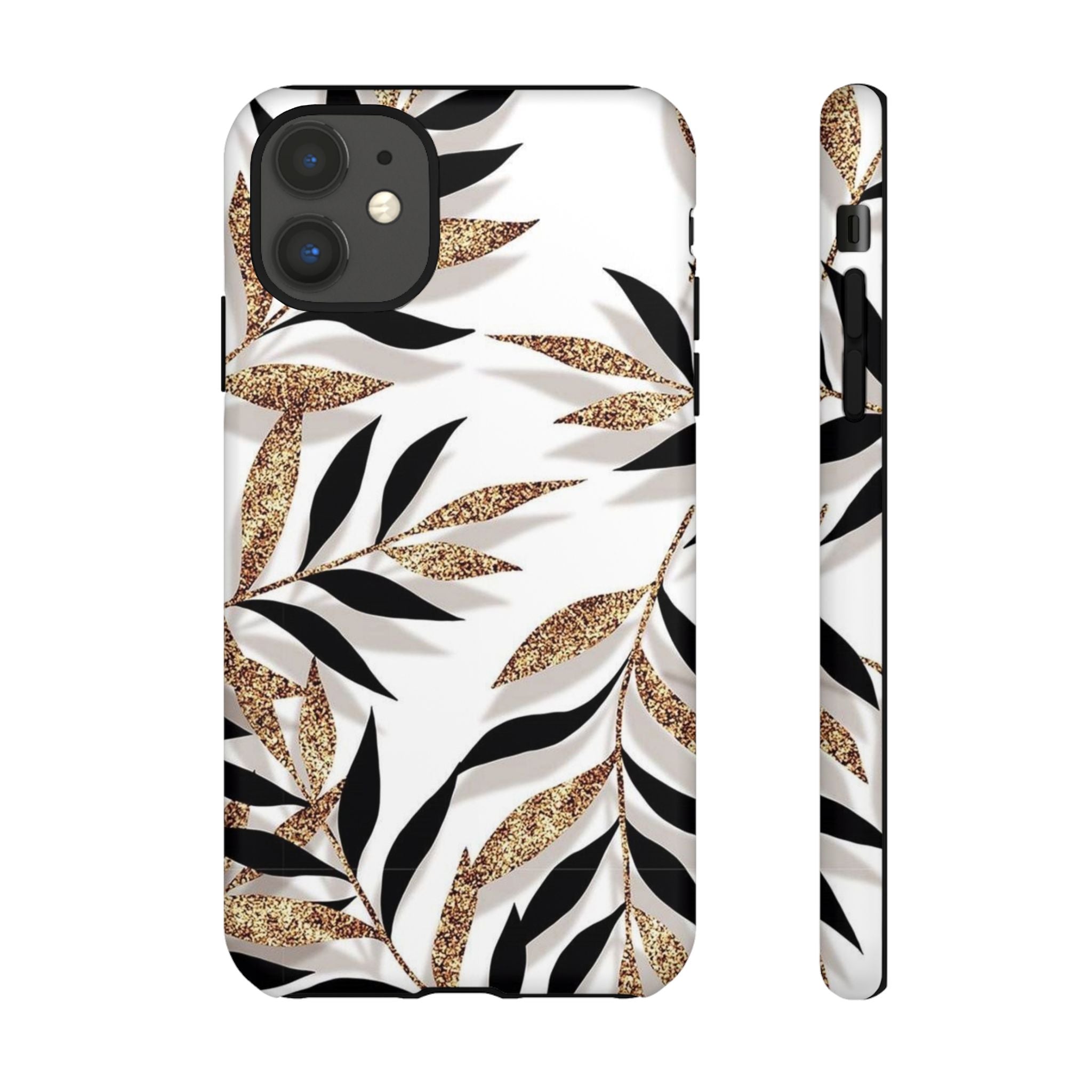 Gold Leaf Floral Phone Case — Glitter Black & White Botanical Tough Case