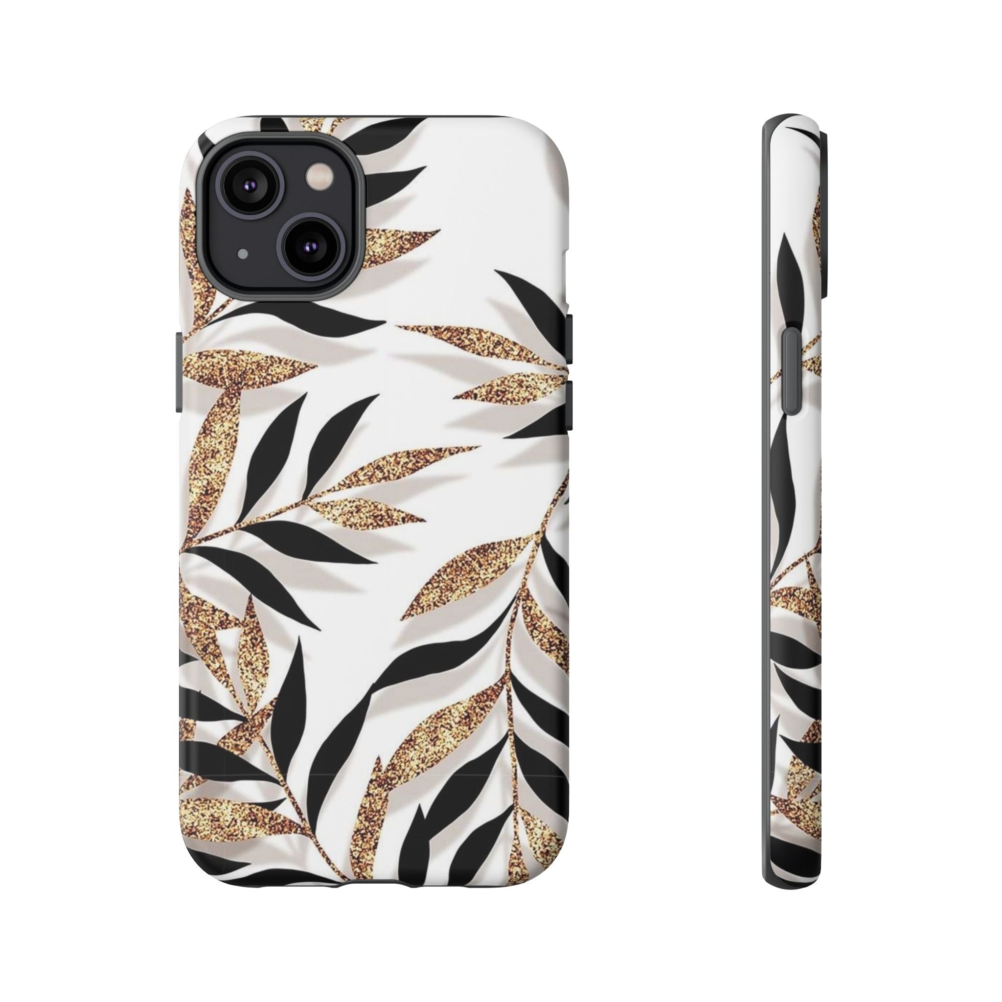 Gold Leaf Floral Phone Case — Glitter Black & White Botanical Tough Case