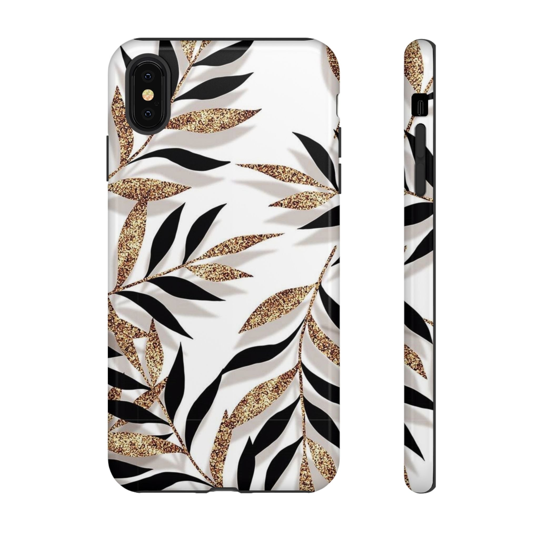 Gold Leaf Floral Phone Case — Glitter Black & White Botanical Tough Case