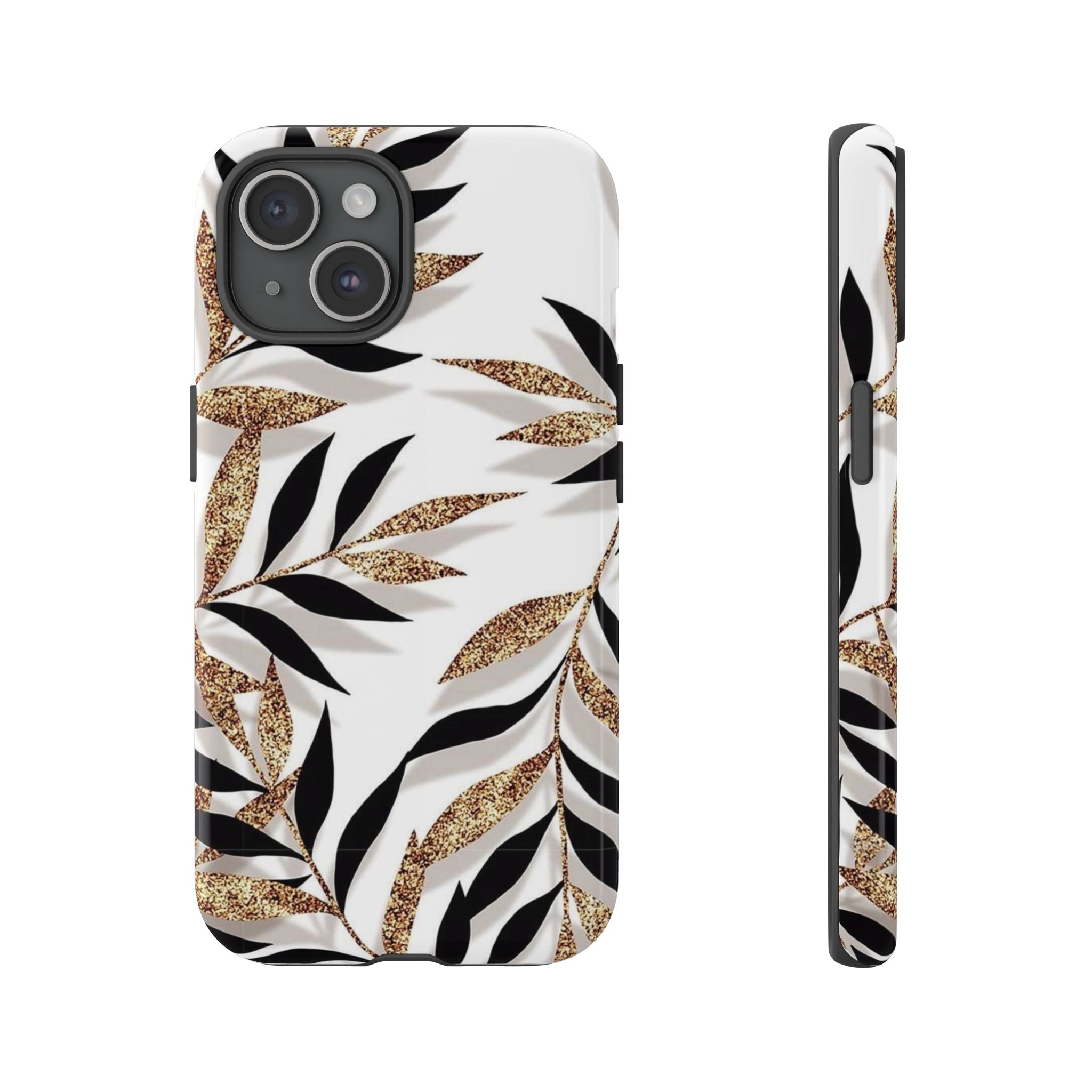 Gold Leaf Floral Phone Case — Glitter Black & White Botanical Tough Case