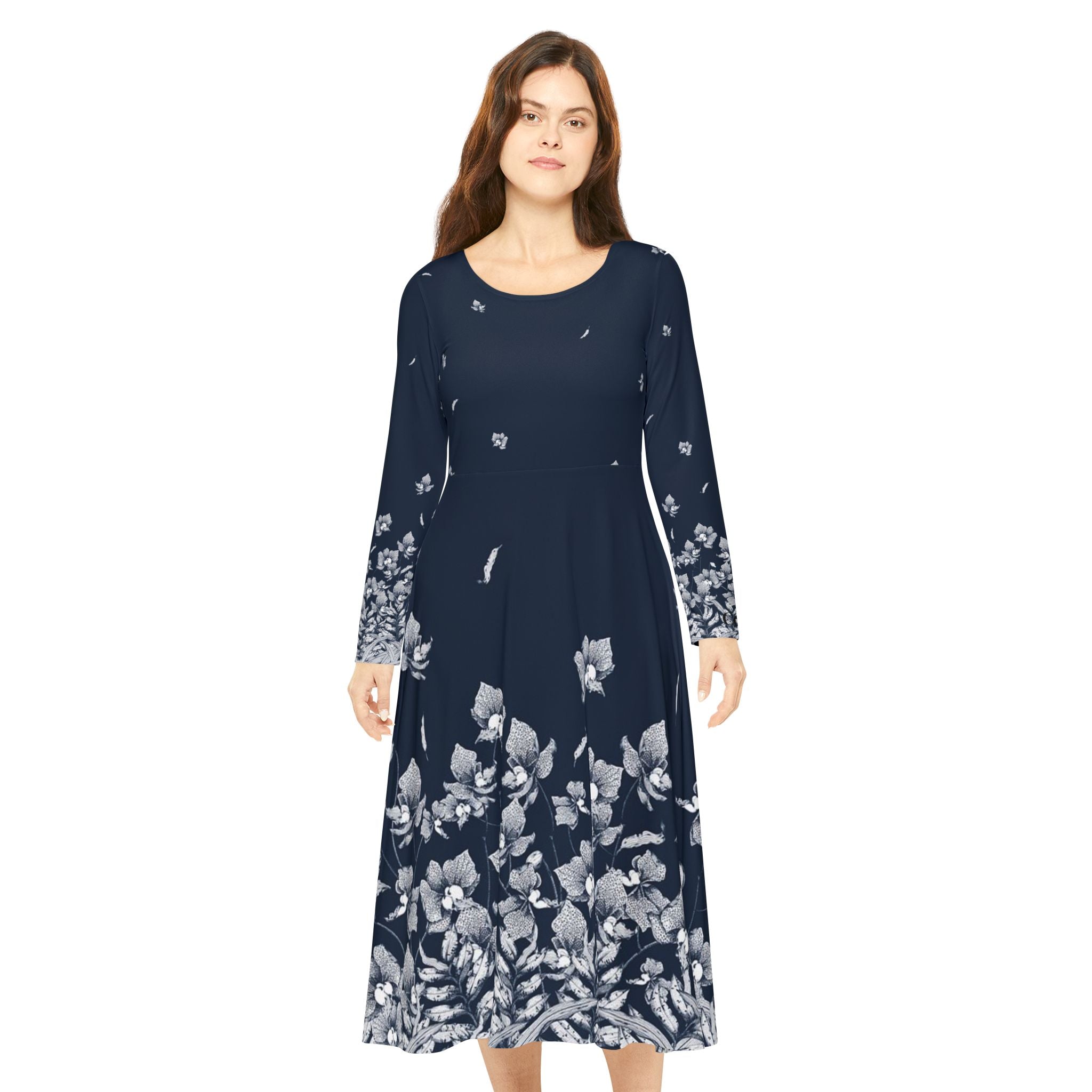 Floral Navy Long Sleeve Dance Dress — AOP Vintage Bloom Skater Midi