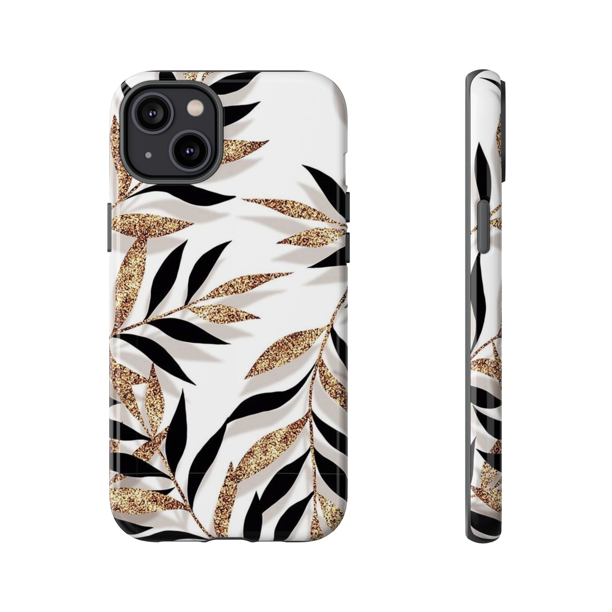 Gold Leaf Floral Phone Case — Glitter Black & White Botanical Tough Case