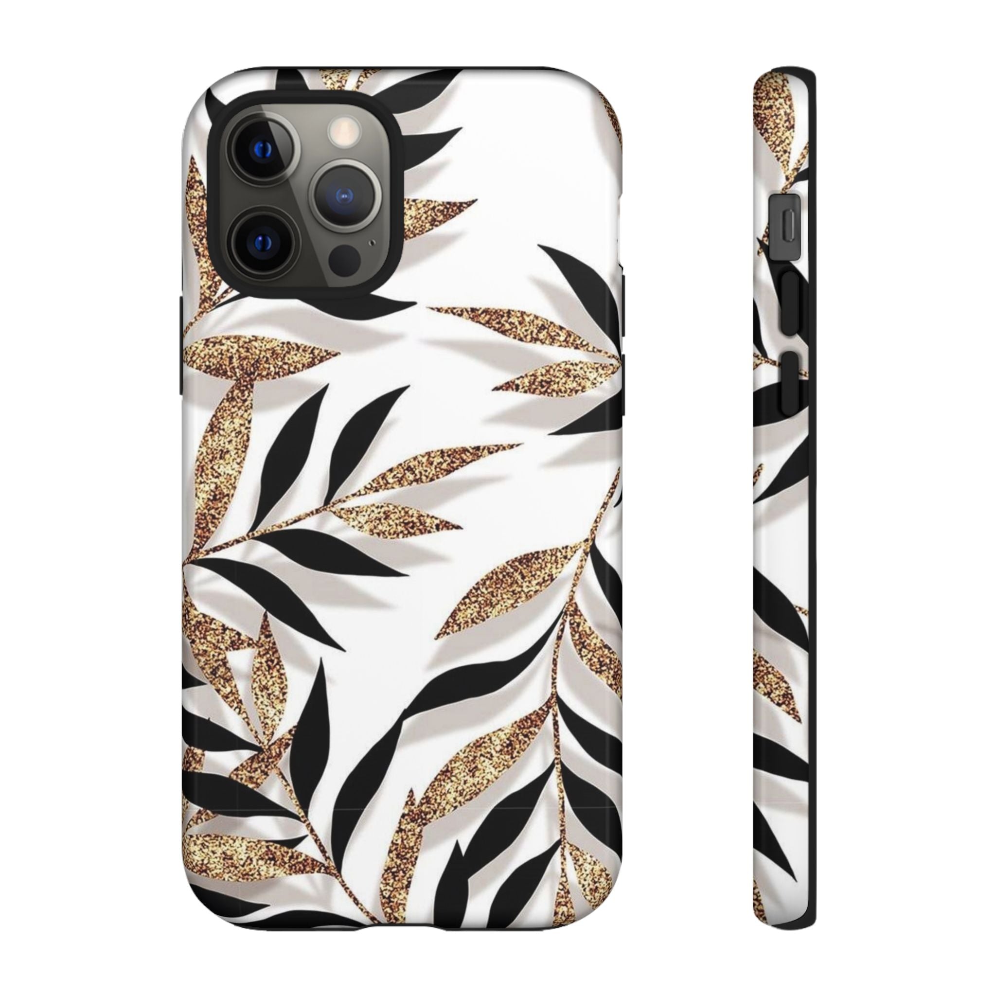 Gold Leaf Floral Phone Case — Glitter Black & White Botanical Tough Case