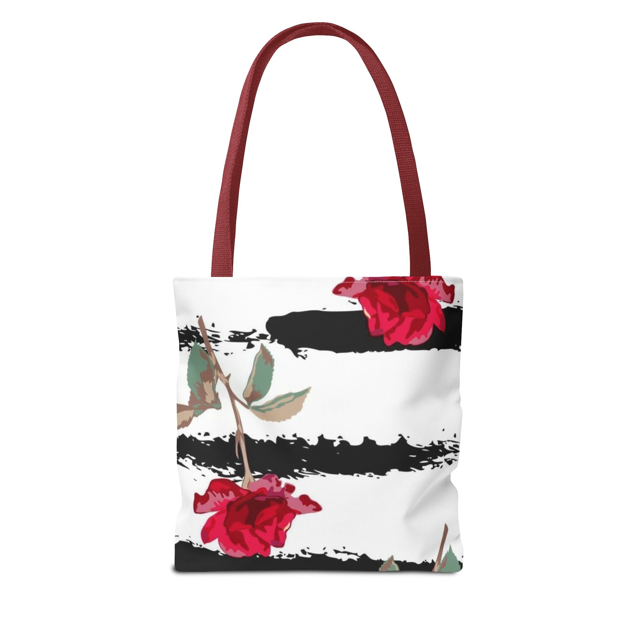 Floral Stripe Tote Bag – Red Roses on Black Brushstroke Stripes