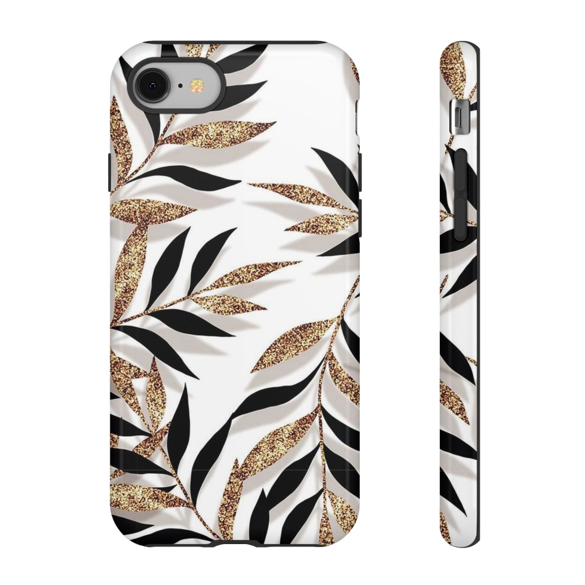 Gold Leaf Floral Phone Case — Glitter Black & White Botanical Tough Case