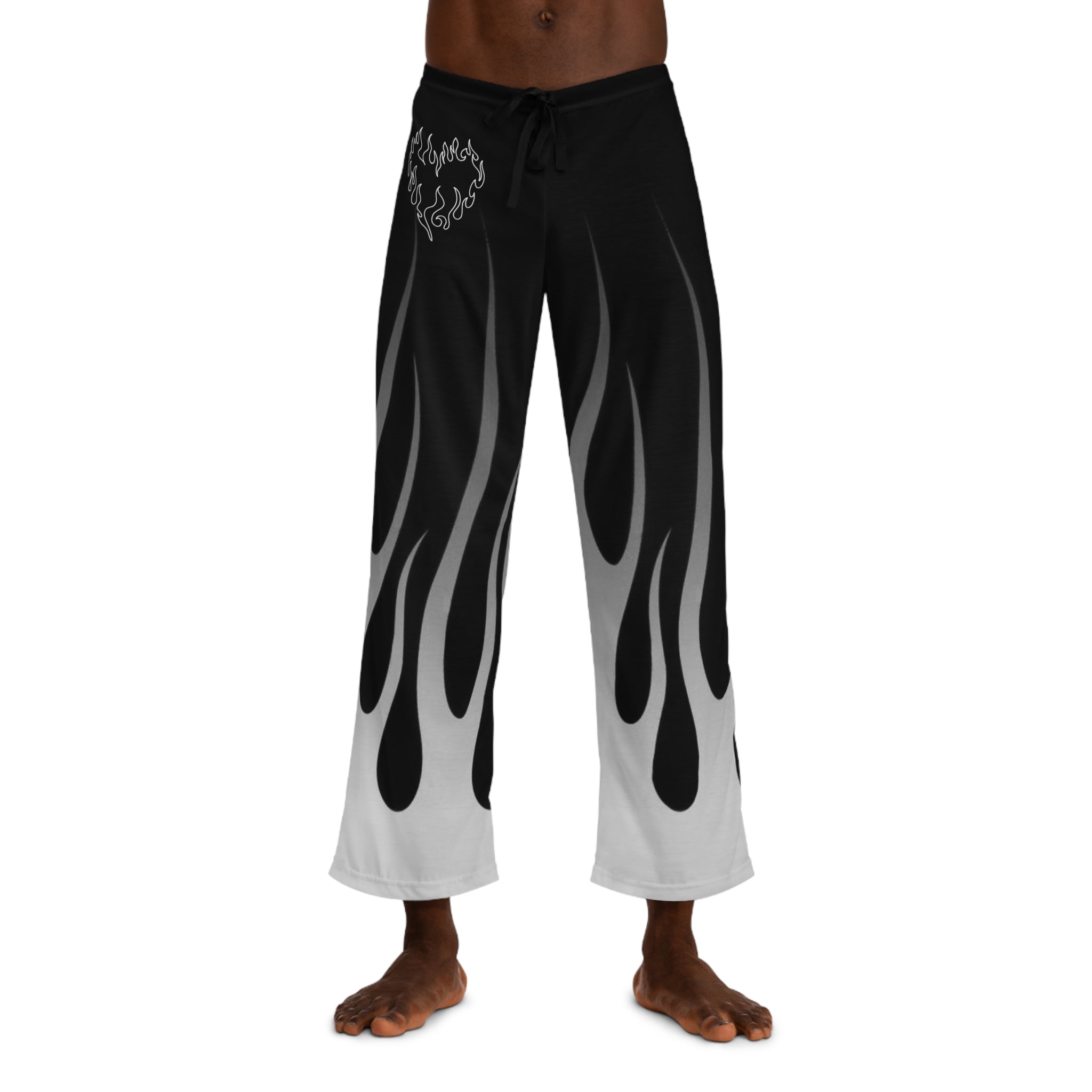 Flame Graphic Pajama Pants — Black Gradient Lounge Pants with Heart Flame Accent